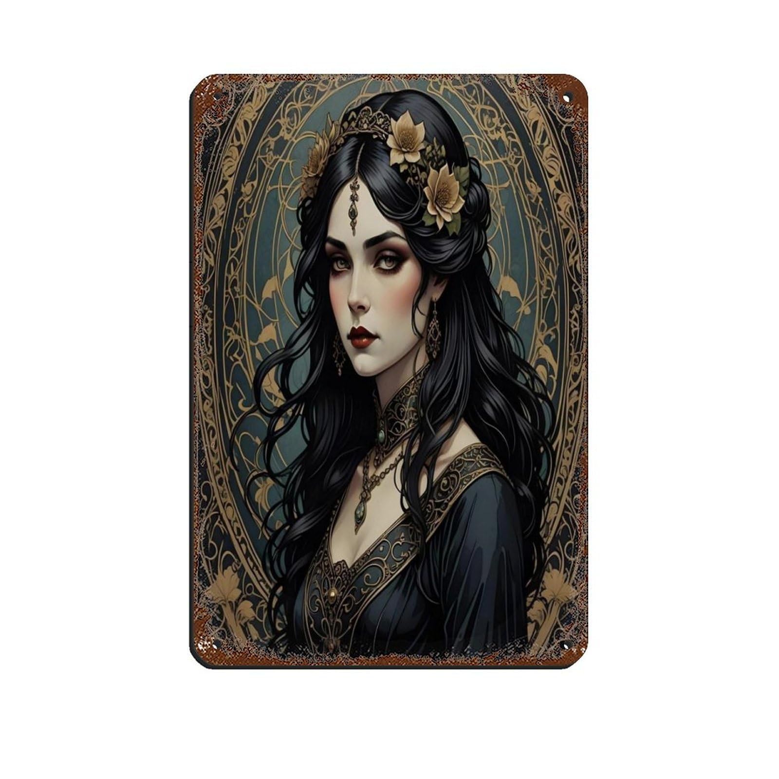 Art Nouveau Gothic Girl Portrait Poster Retro Poster Metal Tin Sign Chic Art Retro Iron Painting Bar People Cave Cafe Family Garage Poster Wall Decoration 8x12inch(20x30cm)