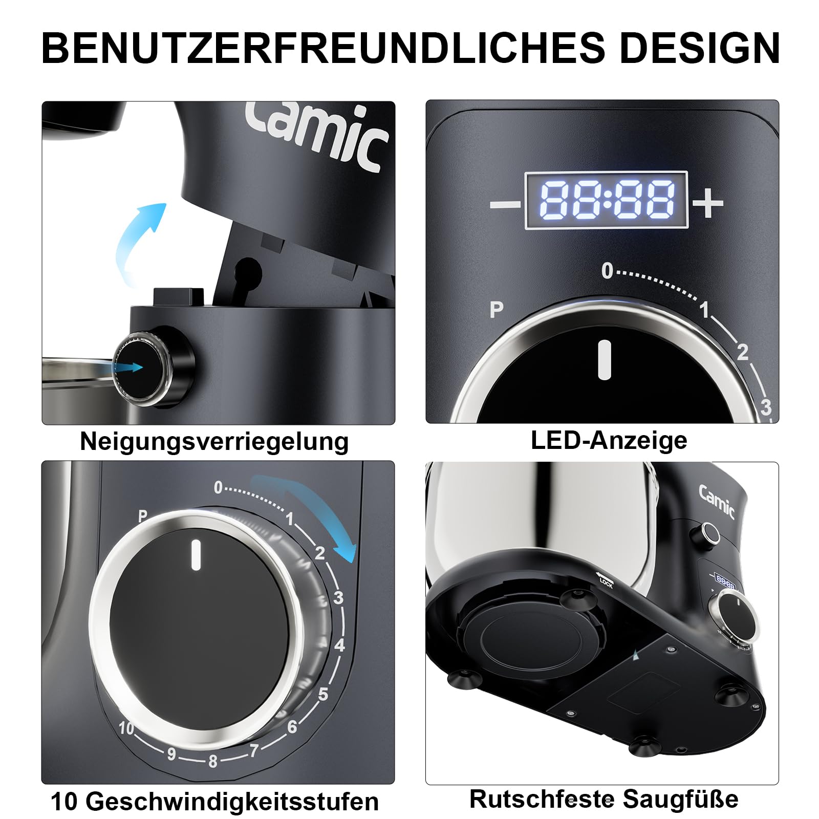 Camic Küchenmaschine mit LED-Display, Zeit Einstellen, Knetmaschine mit Rührhaken, Knethaken, Schlagbesen, 10 Stufen, 2 Edelstahlschüsseln 4L+5L, für Teig, Brot, Pizza, Kuchen