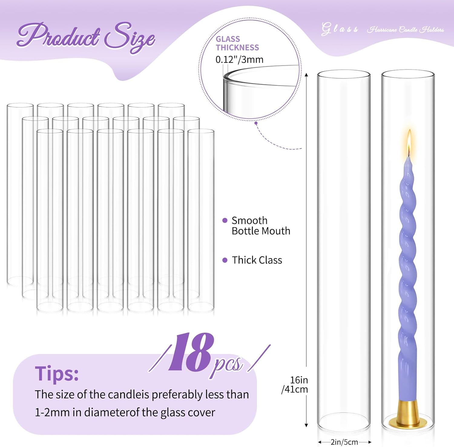 showgeous 18 pcs hurricane candle holder, d:2" h:16" open ended glass candle cylinder sleeve, clear glass cylinder candle holder, open flame candle chimney tube cover, bottomless cylindrical glass 2" x 16"h 18