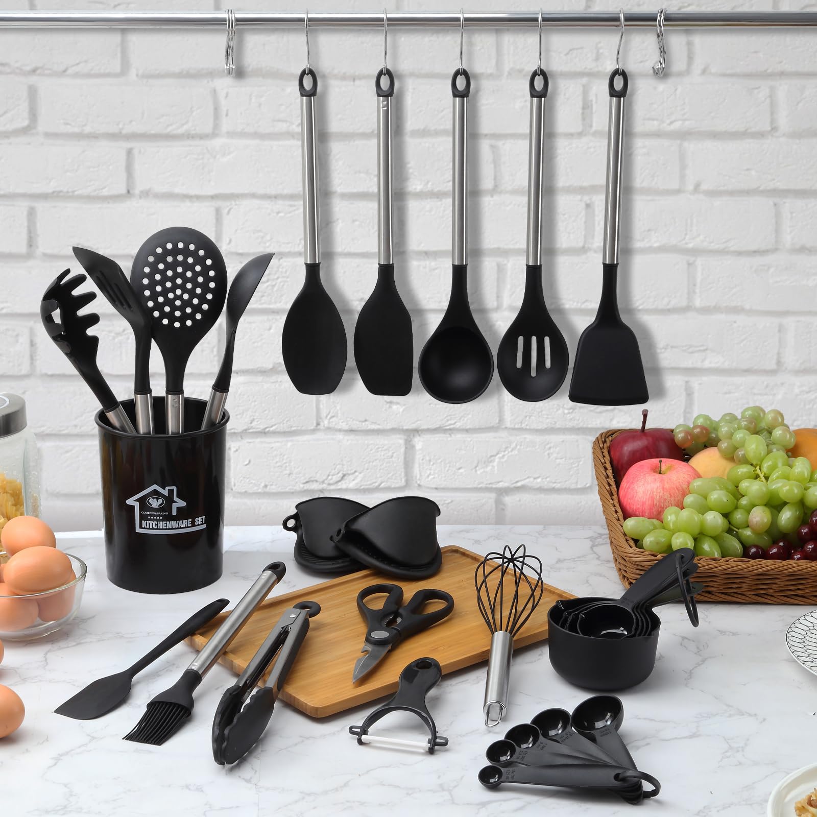 38 Pieces Kitchen Utensils Set, BEWOS Silicone Cooking Utensils Set with Spatula, Utensil Holder and Measuring Spoons, Nonstick Heat Resistant, Black Kitchen Gadgets, Stainless Steel Handle — view 5