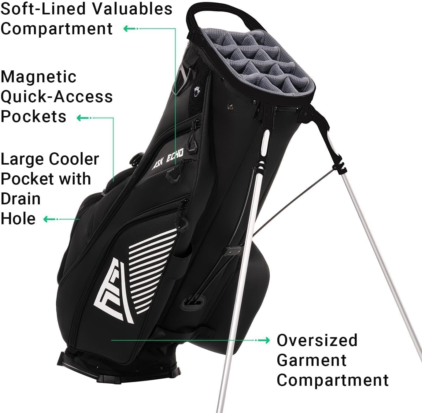 ASK ECHO Golf ST-14 Hybrid Stand Bag with 14 Way Full Length Dividers & Quick Putter Clip