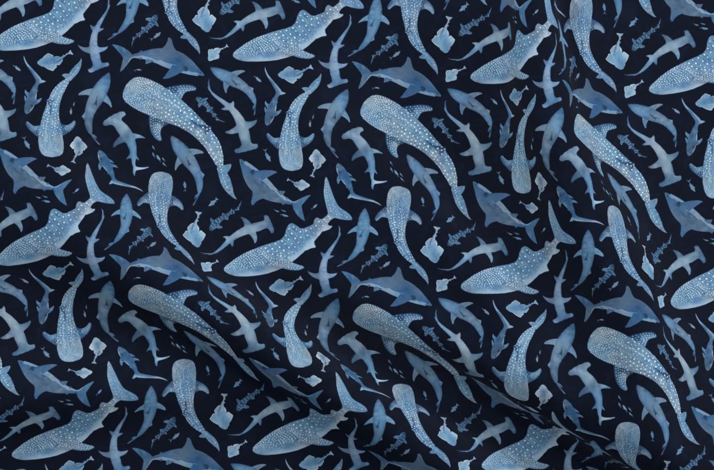 Spoonflower Fabric - Blue Sharks Watercolor Hammerhead Whale Shark Coastal Nautical Neutral Printed on Petal Cotton Fabric Fat Quarter - Sewing Quilting Apparel Crafts Decor