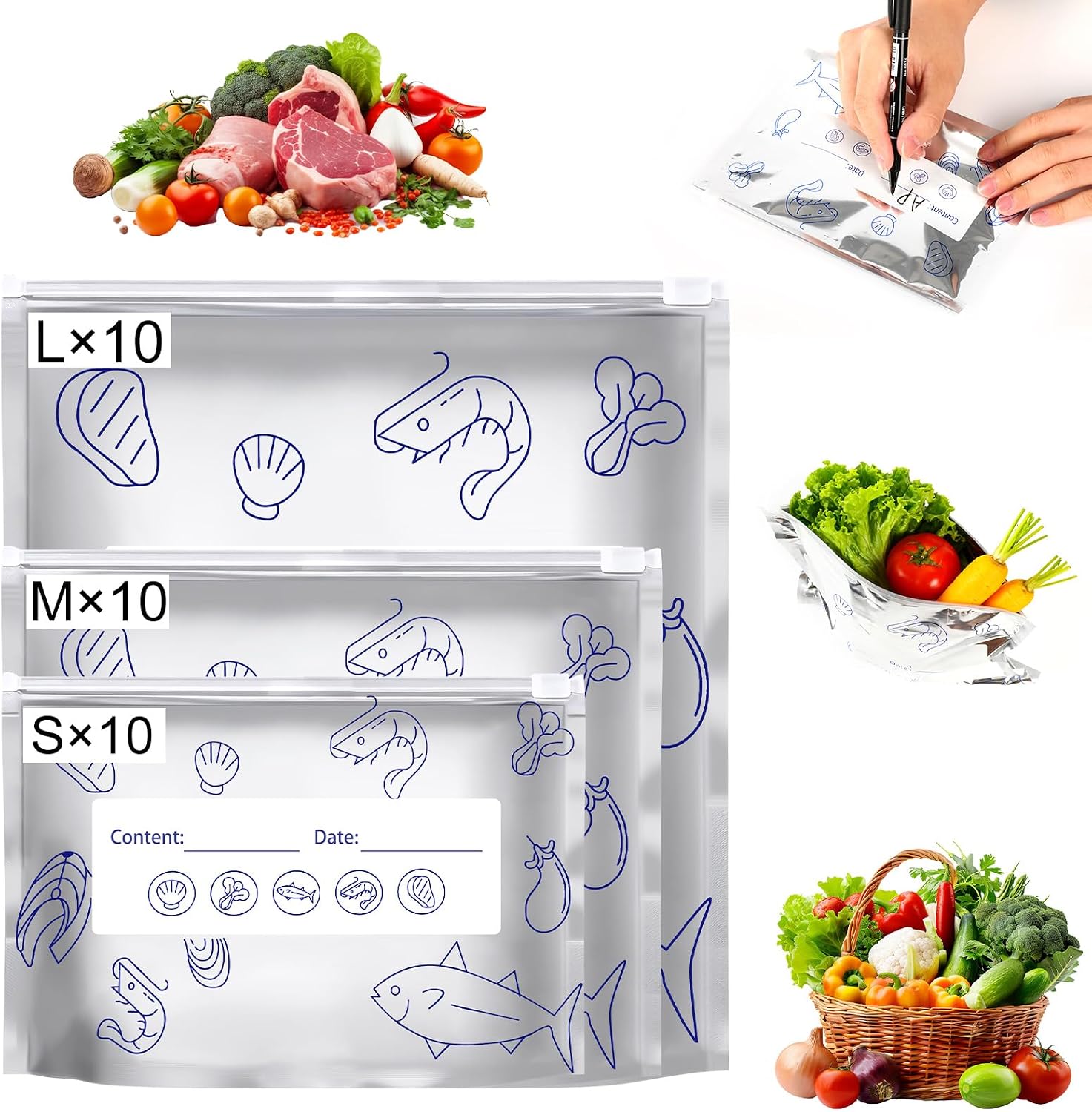 30Pcs Reusable Aluminum Foil Sealable Storage Bags,Resealable Vacuum Zipper Pouches,Thicken Stand Up Foil Sealable Bags with Label and Zip Lock,Aluminum Foil Bags for Food,Vegetable Fruit Meat(S+M+L)