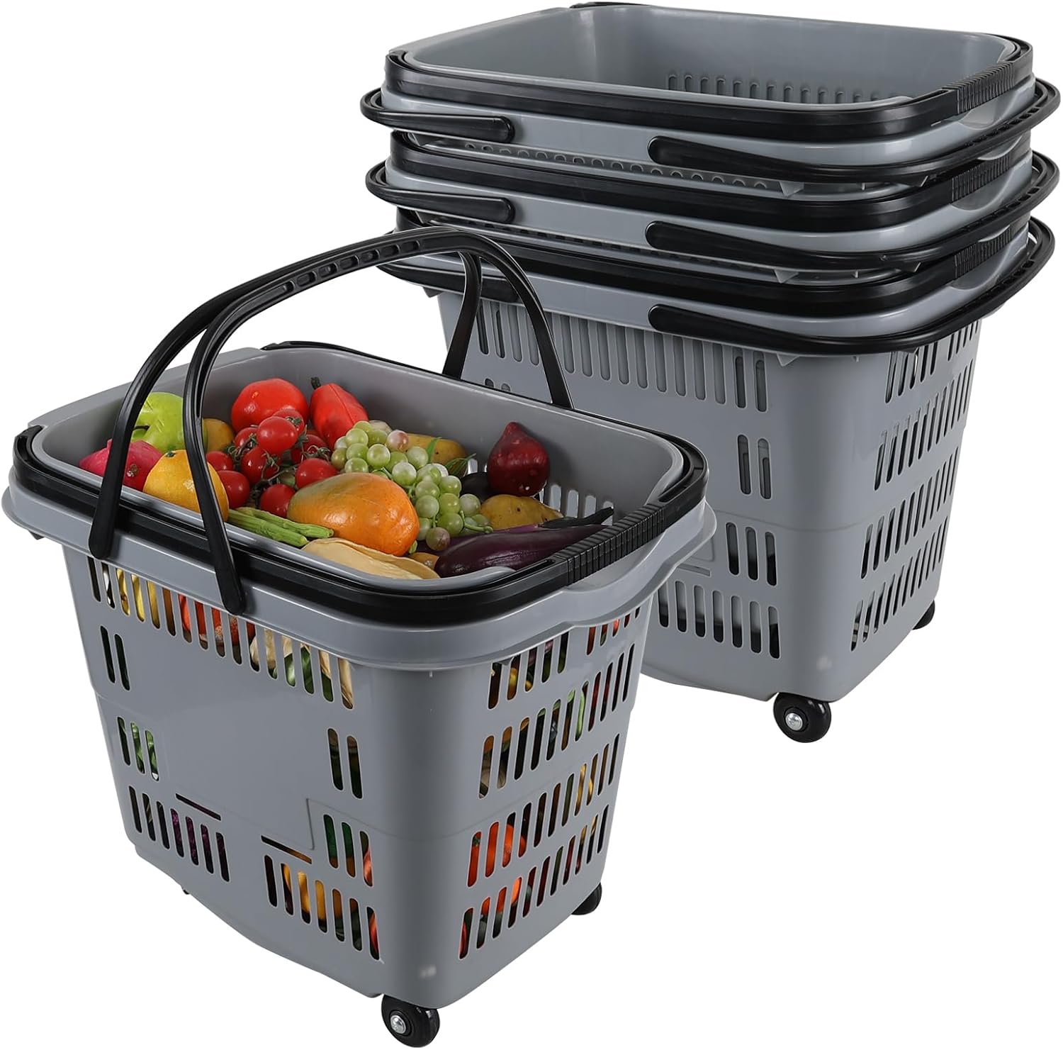 Cand 50 L Shopping Basket with Wheels, 4 Pack Plastic Shopping Carts with Handles, Rolling Grocery Basket for Supermarket, Gray