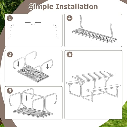 Miniatura 5 de GYMAX Mesa de pícnic, banco de picnic fácil de montar con mesa de grano de madera para todo tipo de clima y marco de metal, mesas de picnic para