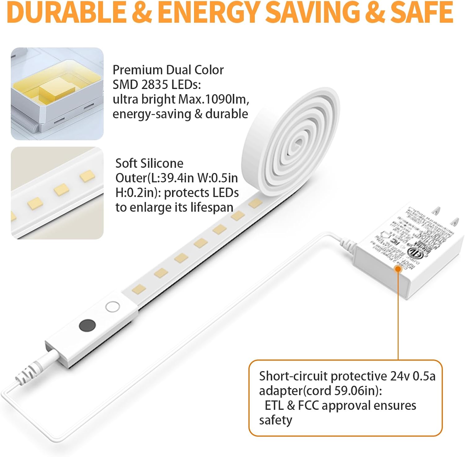 MY BEAUTY LIGHT 80in Smart Under Cabinet Lights, Handwave Sensor Under Counter Lights for Kitchen, 2700K-6500K 1090lm Stick-on Closet Light, Slim Cuttable Plug and Play Kitchen Lamp, 2 Rolls of 40in