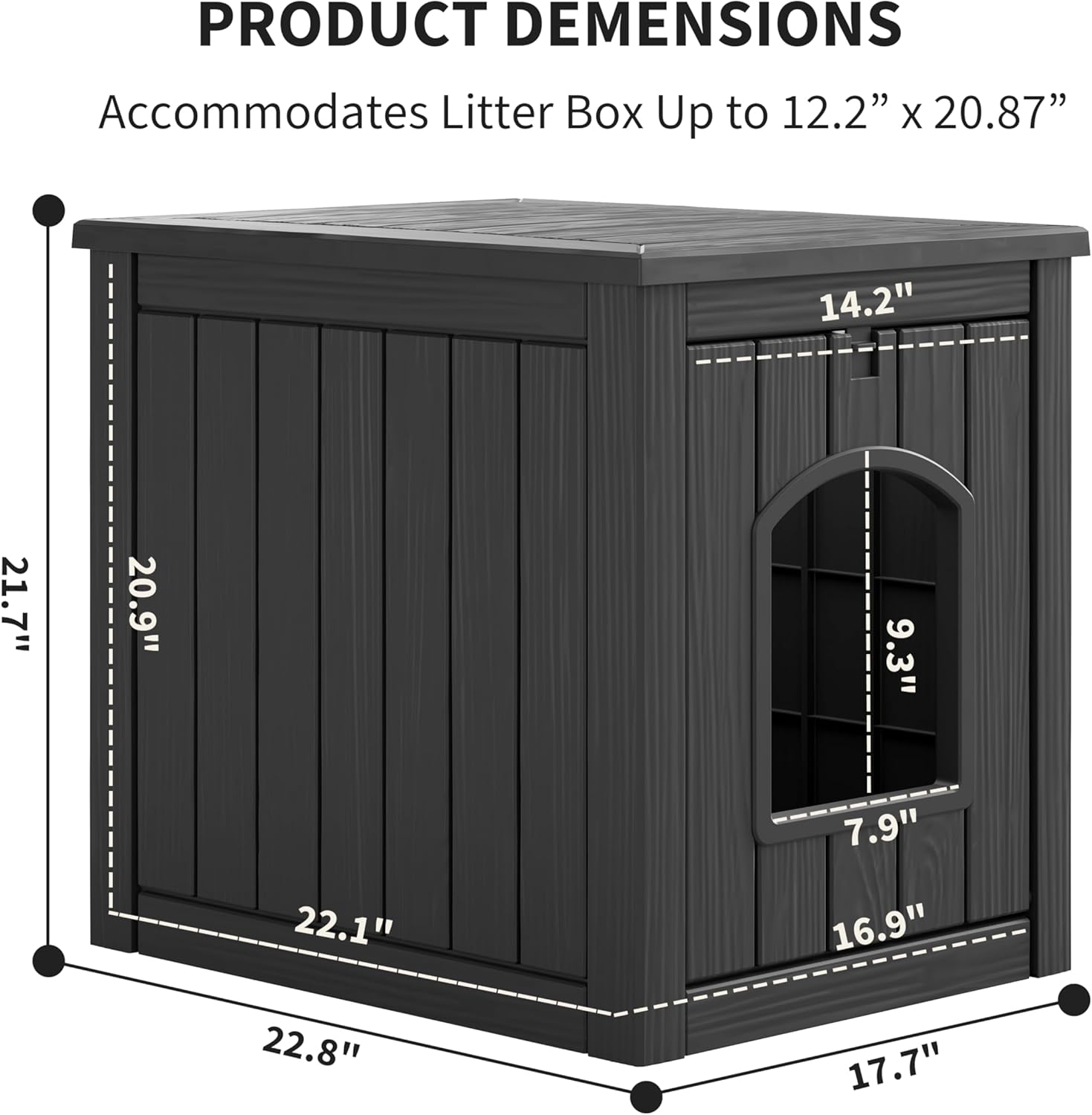 Cat Litter Box Enclosure, Plastic Hidden Litter Box Side Table with Openable Front Door, Waterproof & Weatherproof Cat Box Enclosure Cabinet for Indoor & Outdoor Use (Black)