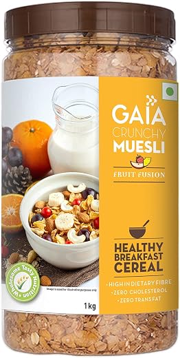 Gaia Crunchy Muesli – Fruit Fusion, 1kg | High-Fiber, Multigrain Breakfast Cereal | Enriched with Real Dried Fruits | Sour...