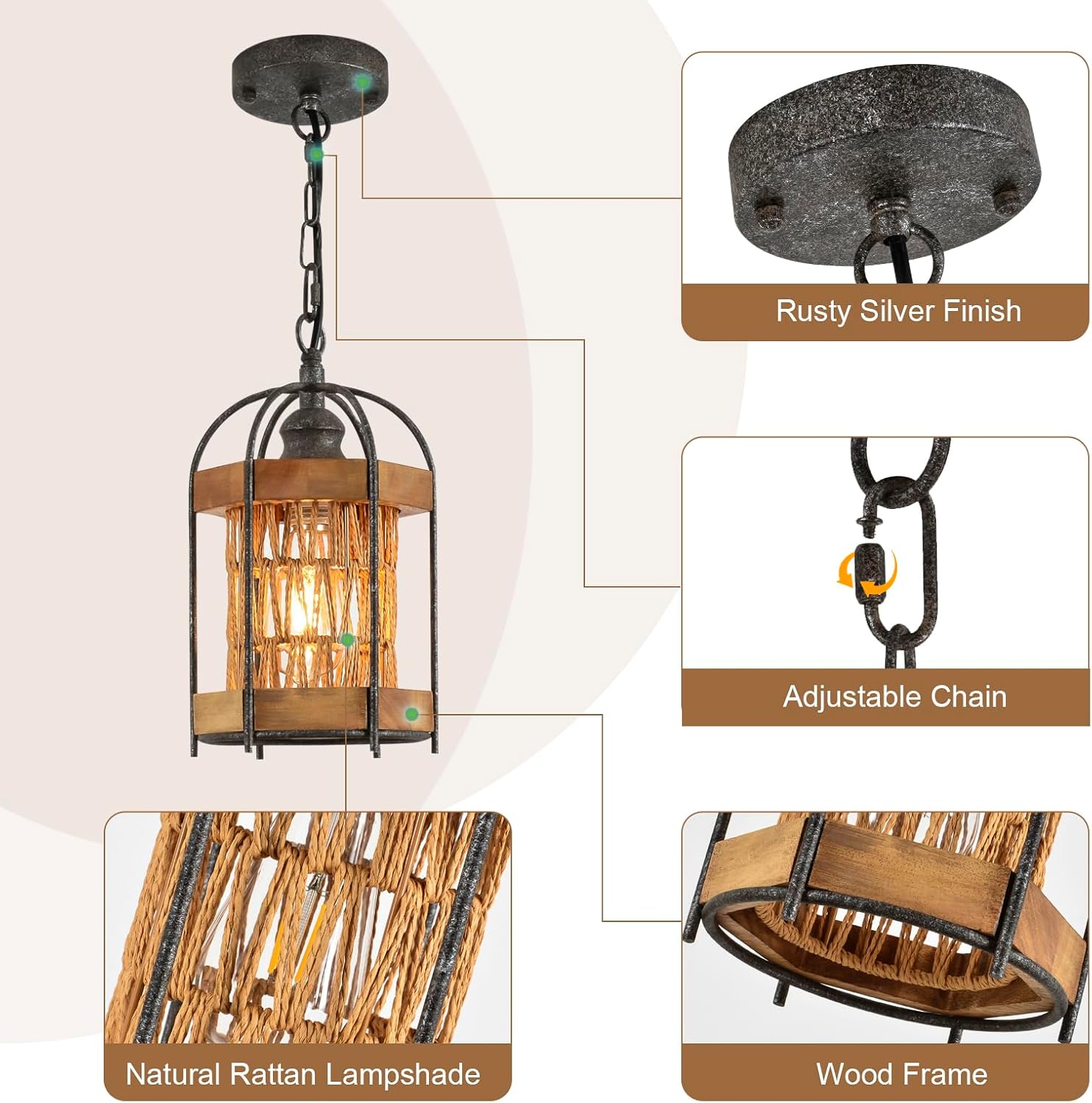 Rustic Wood Pendant Light Fixture, Farmhouse Woven Ceiling Hanging Fixture with Natural Rattan Lampshade, Boho Chandelier for Kitchen Island Sink Hallway Bathroom Bar Foyer, Height Adjustment, ZD8012