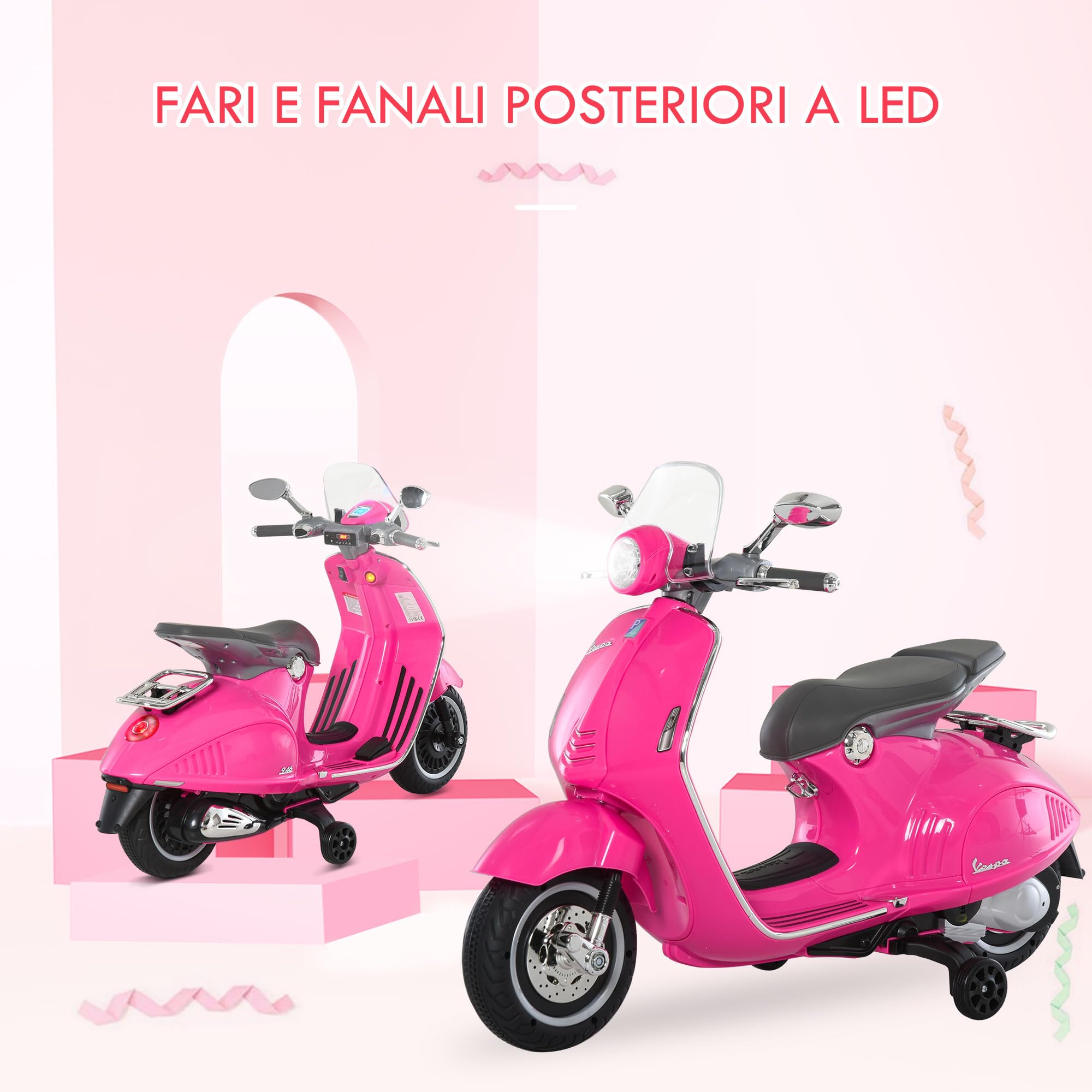 HOMCOM Vespa Elettrica per Bambini con 2 Rotelle, Luci e Suoni, Moto Elettrica per Bambini 3+ Anni, Moto Giocattolo in PP e Acciaio, 108x49x75 cm, Rosa