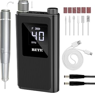 BETE Professional Nail Drill, 40000 RPM Cordless Electric Nail File Kit with 6 Bits, Rechargeable Efile for Acrylic Gel Nails Polishing, Manicure Tools for Salon Home Use, Black