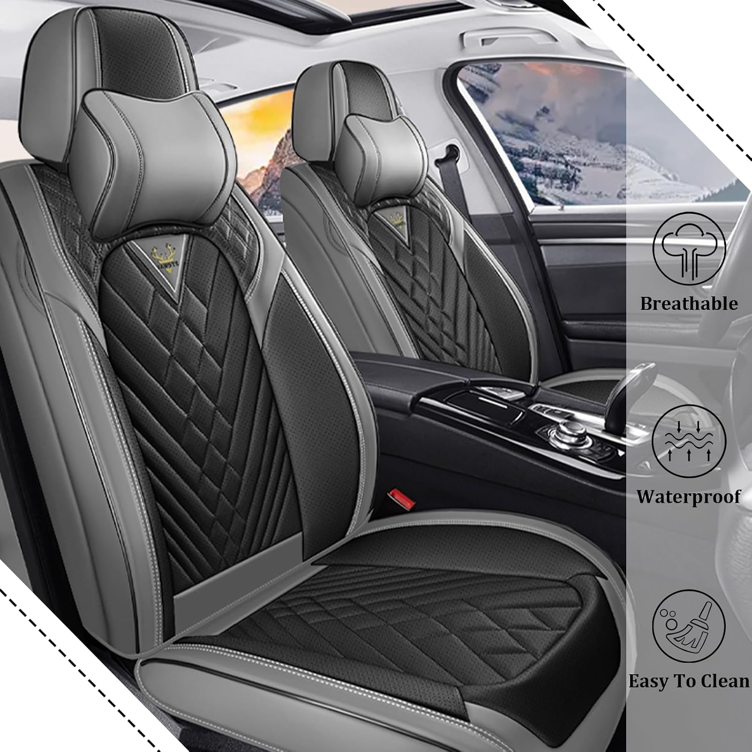 Car Seat Covers Front Seats for Infiniti G37 2008-2013, Waterproof Nappa Leather Car Seat Cover, Full Coverage Car Seat Covers Sets(2 Seats with Headrests/Gray Black)