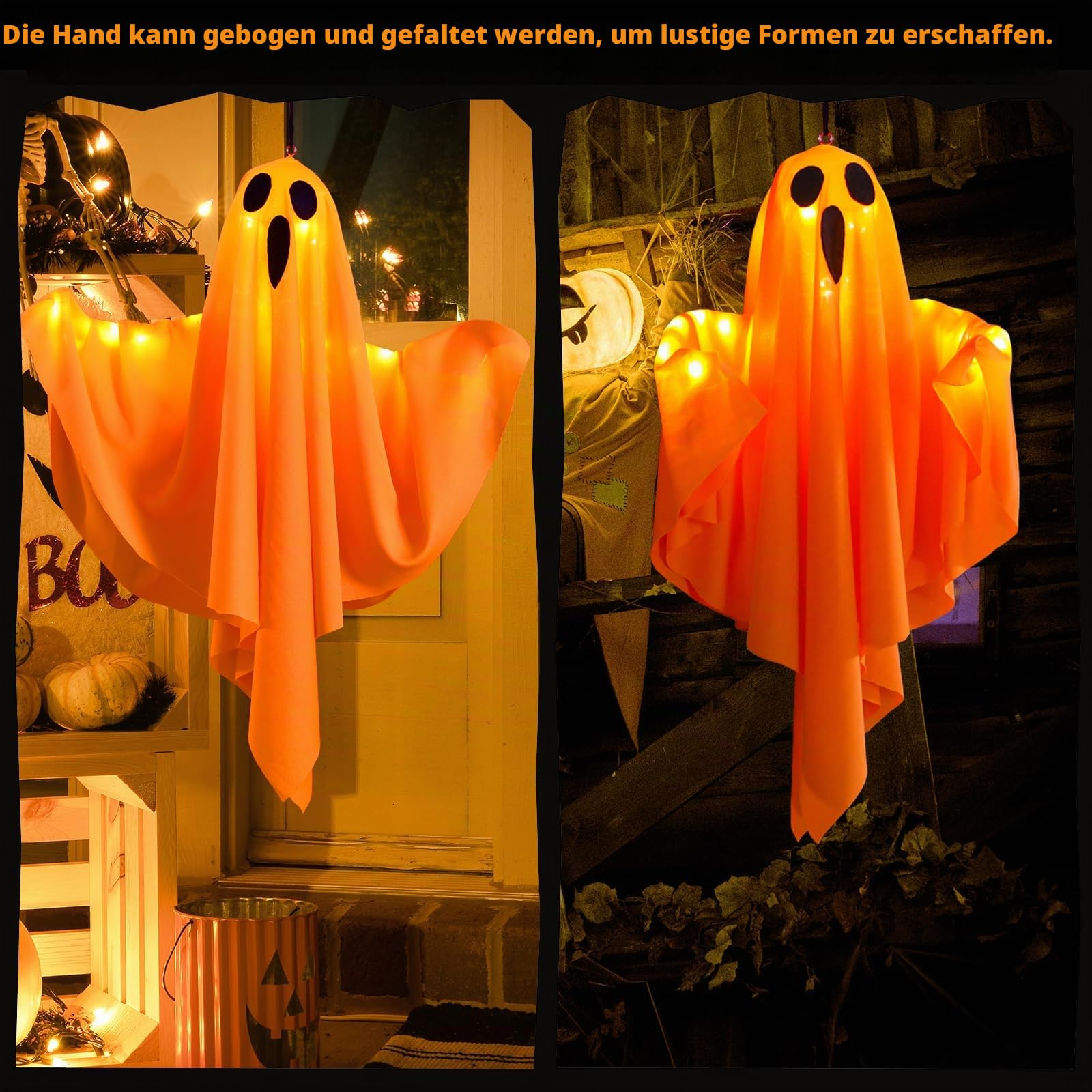 CNMTCCO 4 Stück Halloween Hängende Gespenster mit LED Lichtern, Dekorationen für Party, Terrassentür, Fenster, Baum, Veranda, Haus, Rasen… – Ansicht 4