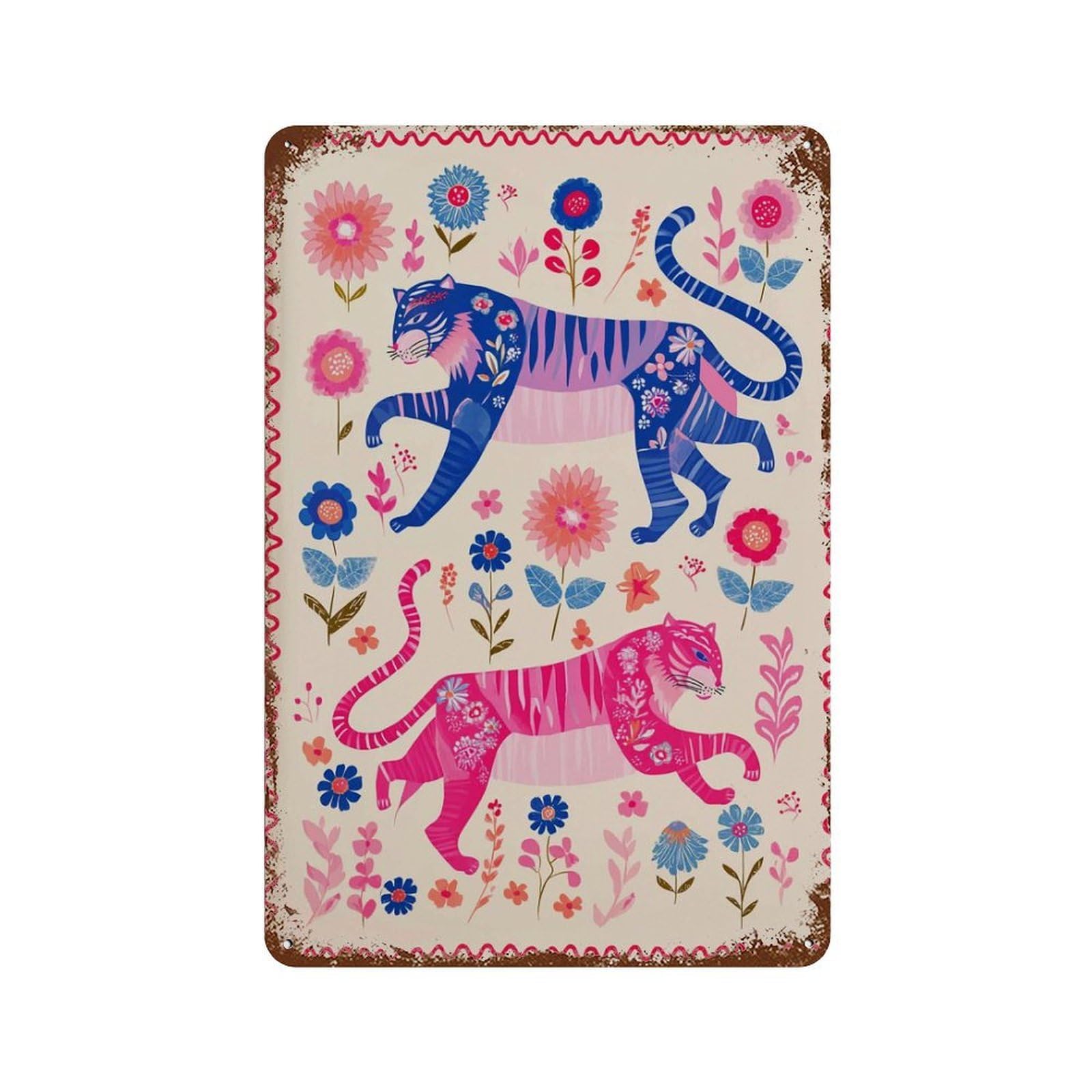 xiaoxiaoshen Boho Folk Tiger Pink And Blue Jungle Cat with Floral Pattern Whimsical Nursery C Wall Decor Art Metal Tin Poster Modern Home Decor Art Home Bar Shop Decorations Vintage Sign 30x20cm