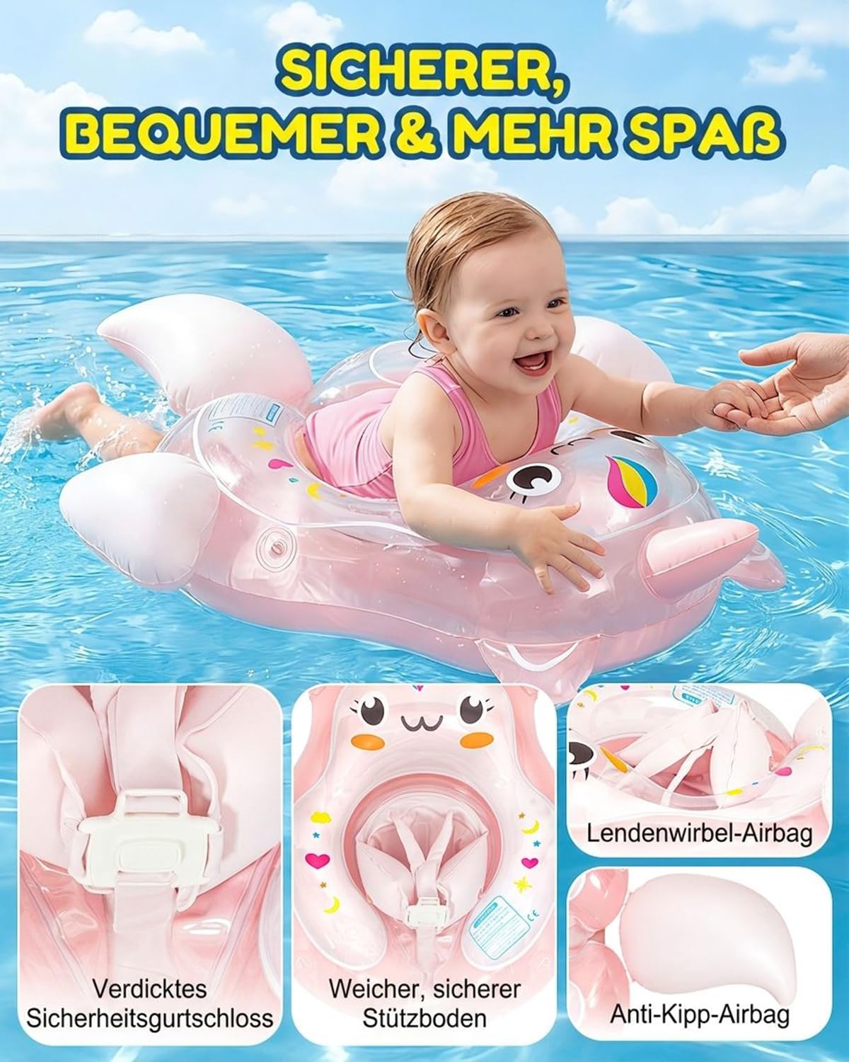 Schwimmring Baby, Baby Schwimmring mit UPF50+ Sonnendachm Abnehmbaren, Verstellbarer Sicherheitssitz, Schwimmhilfe Kinder, Anti-Umkippen Aufblasbare Schwimmreifen für ab 3-36 Monate