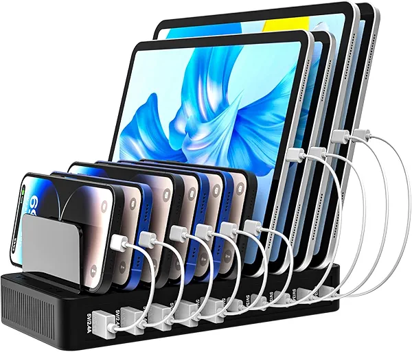 RISWOJOR Charging Station for Multiple Devices,100W Flat Plug 10-Port Multi USB Charger with Power Switch,Adjustable Dividers and Type-C 3A for iPhone Galaxy iPad Tablet(Short Cables Not Included)