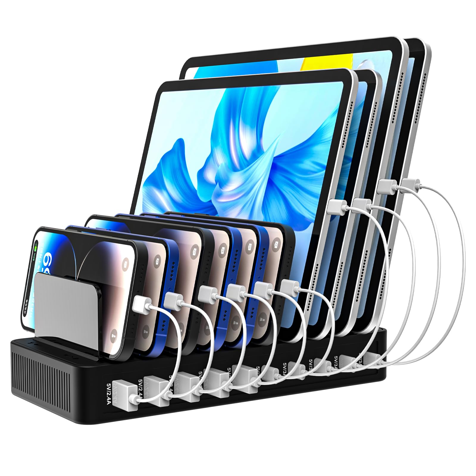 RISWOJOR Charging Station for Multiple Devices,100W Flat Plug 10-Port Multi USB Charger with Power Switch,Adjustable Dividers and Type-C 3A for iPhone Galaxy iPad Tablet(Short Cables Not Included)