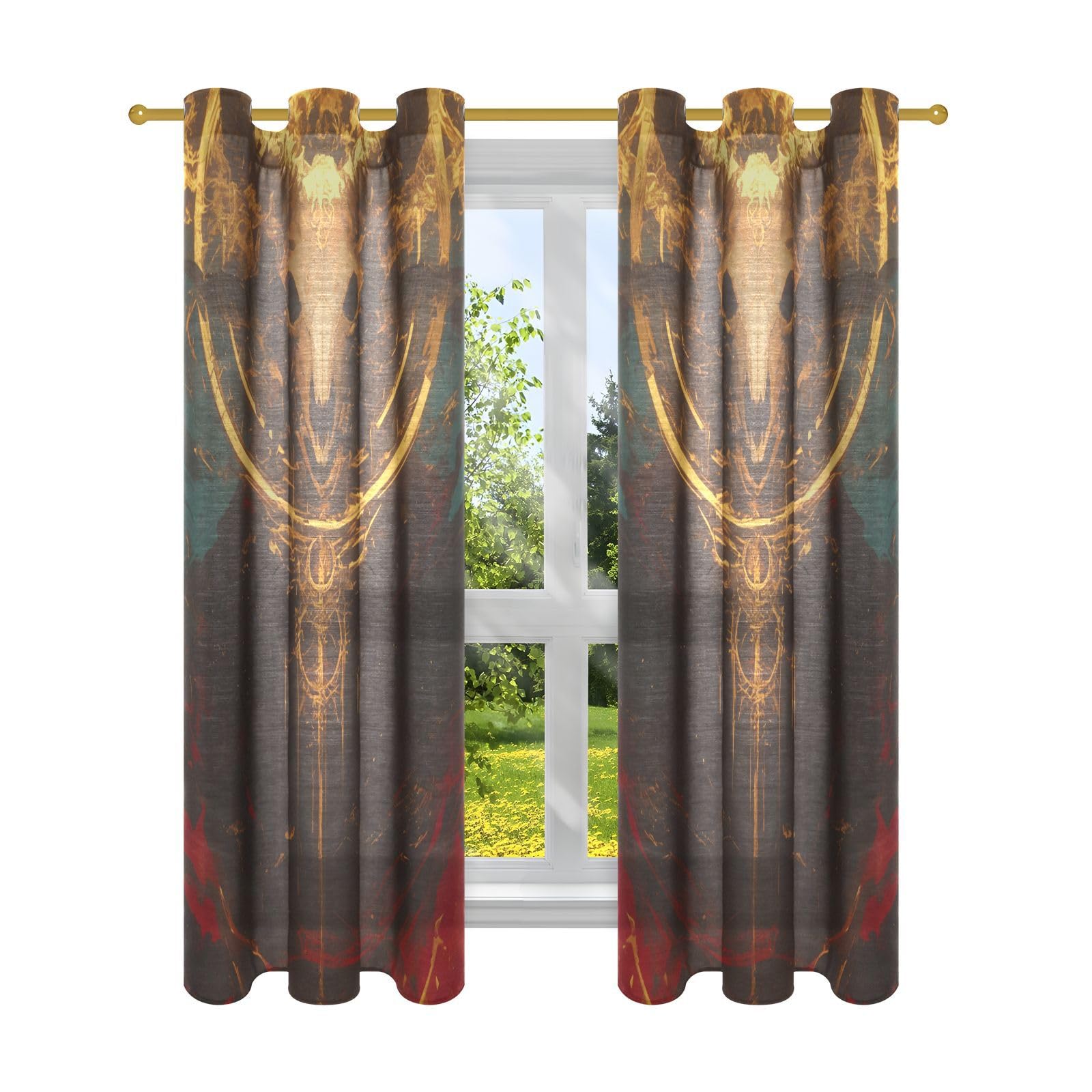 Rideaux occultants rouges qui laissent passer la lumière motif tête de taureau mystérieux