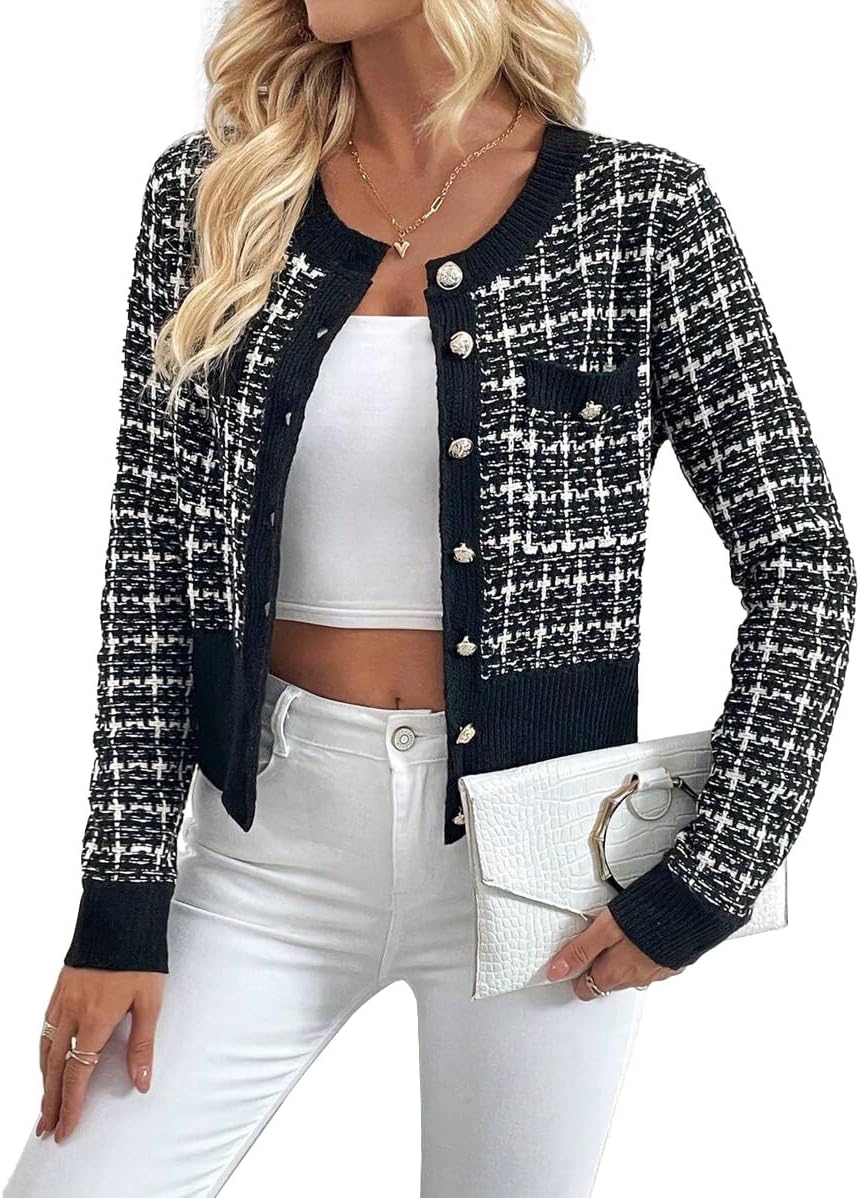 SKAYS Womens Tweed Plaid Cardigan Blazer Dressy Casual Button Front Cardigan Crew Neck Long Sleeve Texture Knit Jackets