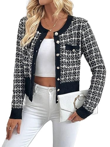 SKAYS Womens Tweed Plaid Cardigan Blazer Dressy Casual Button Front