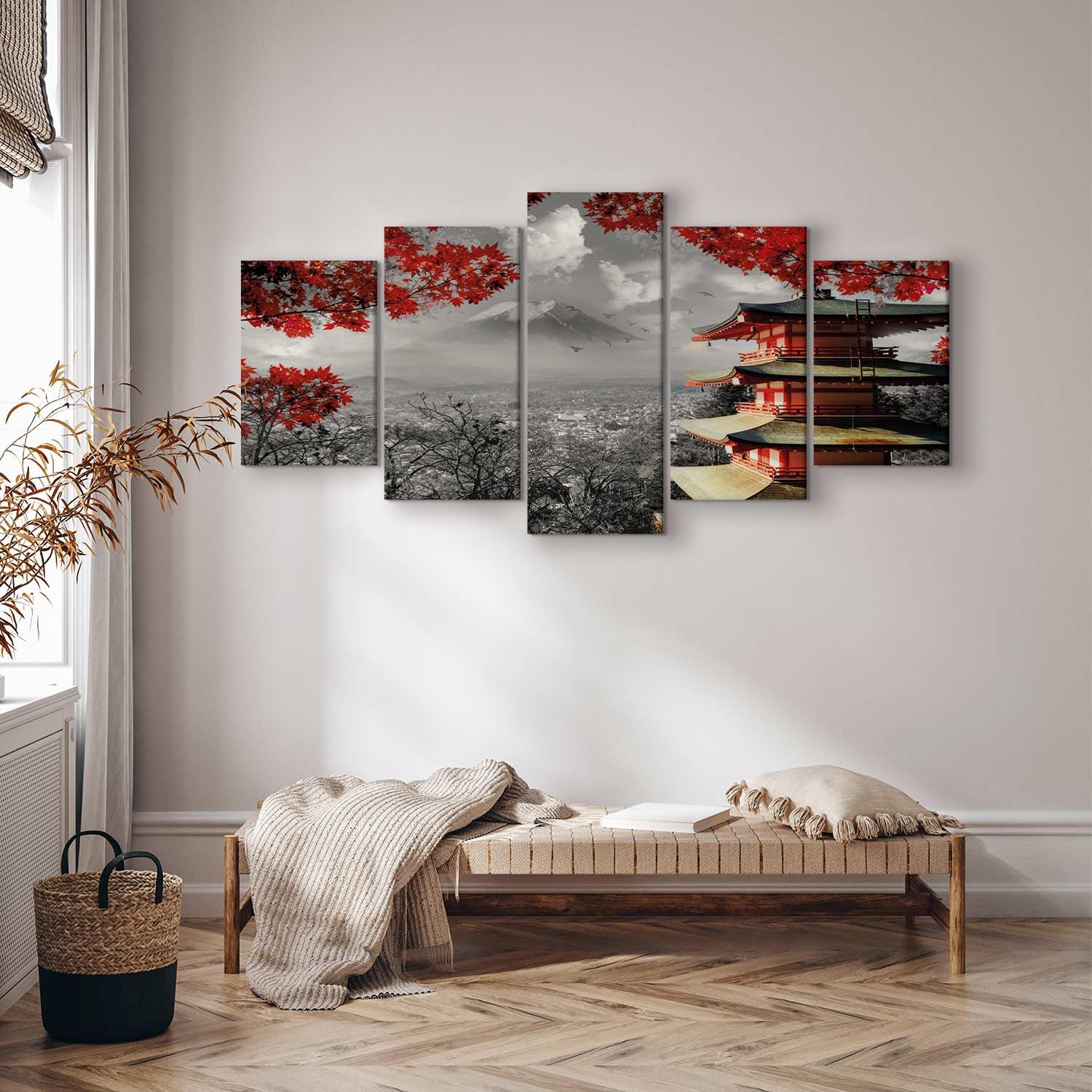 murando Quadro Japan 225x112 cm 5 pezzi Stampa su tela XXL Immagini moderni Murale Fotografia Grafica Decorazione da parete Paesaggio nero bianco rosso c-C-0241-b-m
