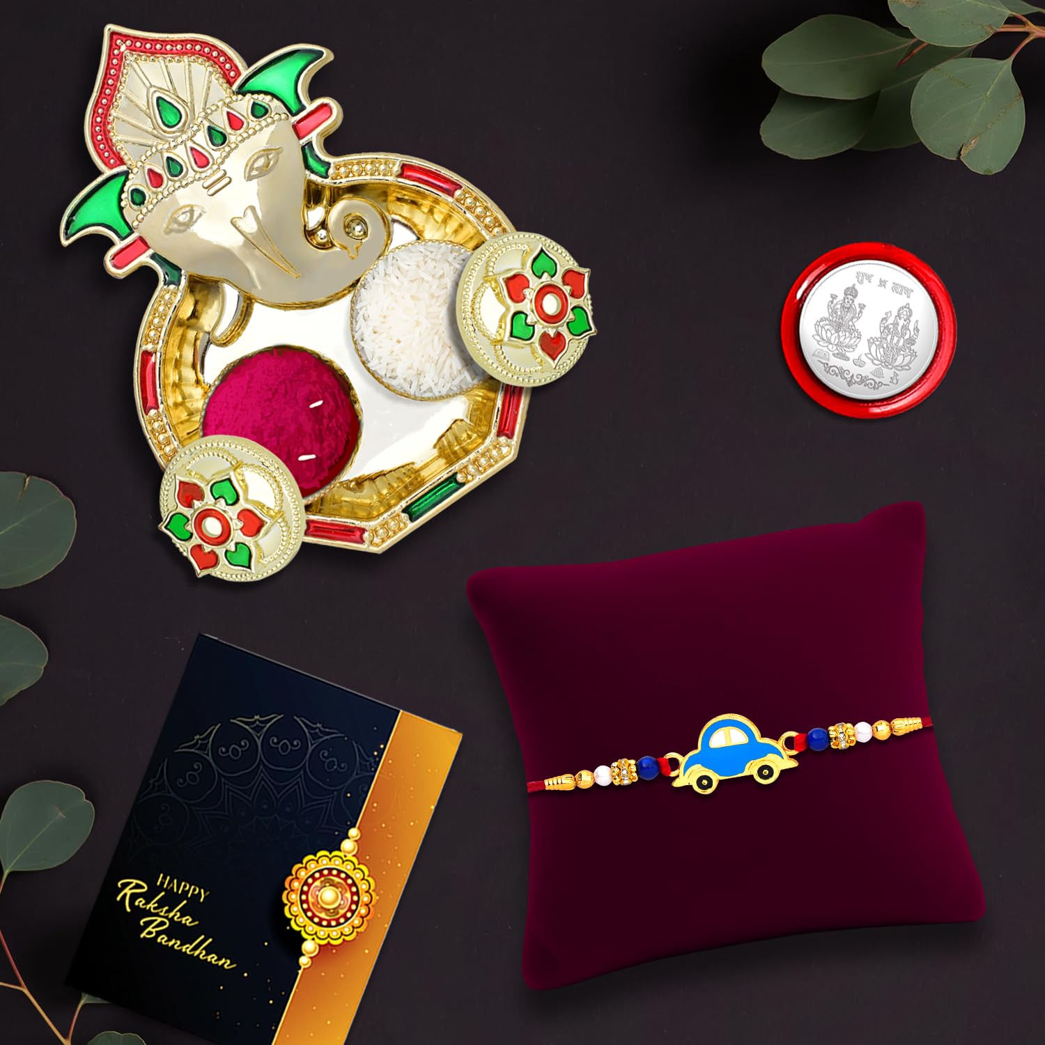 Oblivion Pooja Thali Gift Set for Brother – Rakhi for Brother Set of 1, Silver Color Pooja Coin & Greeting Card, Gift for Bhai, Bhabhi & Kids, Traditional Raksha Bandhan Celebration Combo Kit 2025