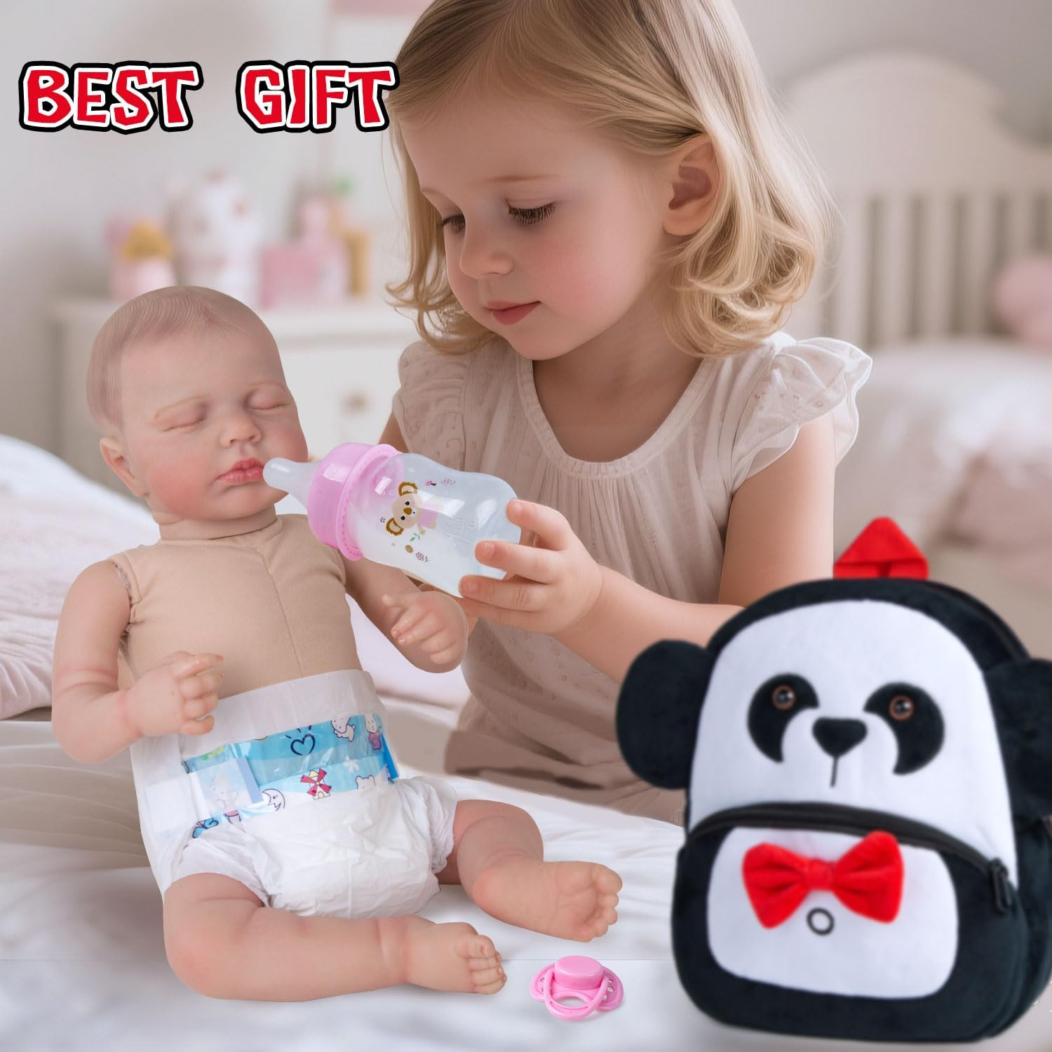 Reborn Baby Doll Diaper Bag Care and Feeding 10 Pcs Set for 17-24 inches Reborn Dolls Newborn Baby Accessories with Panda Backpack Diapers Pacifier Bottle Comb