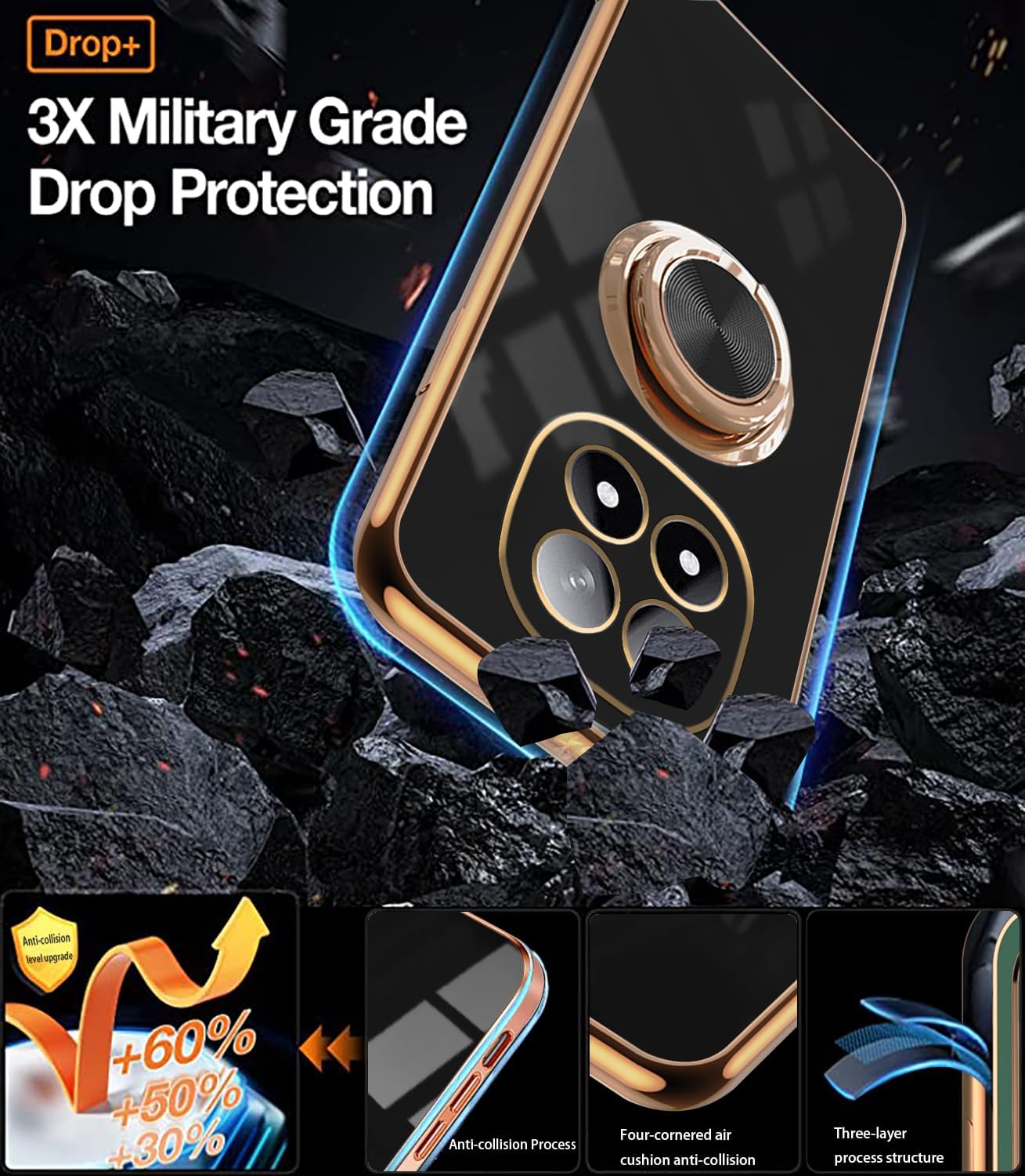 for Xiaomi Redmi Note 14 Pro 5G Case with Magnetic Stand, Phone Case for Redmi Note 14 Pro 5G Silicone with Ring Holder Shockproof Fundas Slim Thin Luxury Plating Bumper Cover (Black) - Image 4