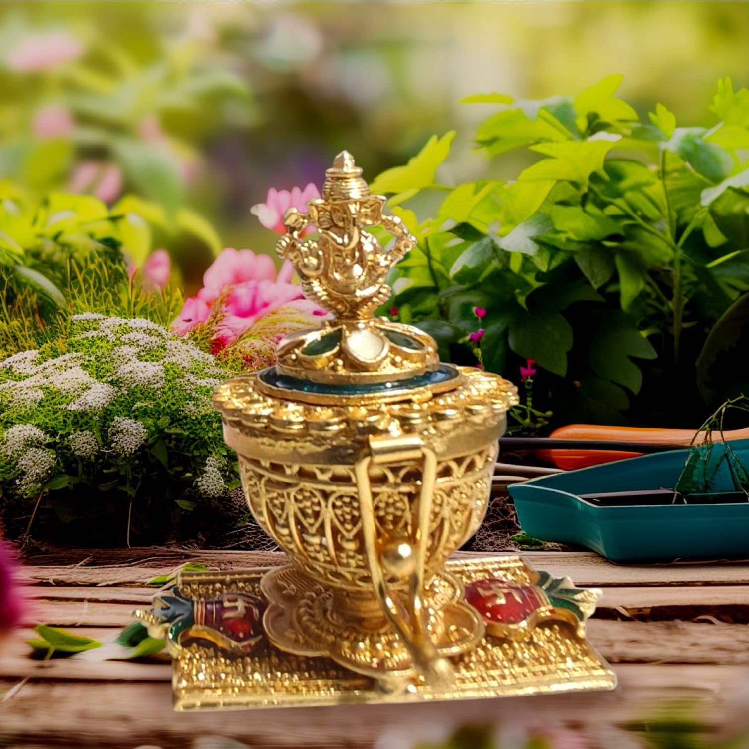 Denique Brass Sindoor Box Gold Plated Sidoor Box Gold sindoor box/Wedding Gift/Pooja Accessory/Kumkum box (Ganesha Kempu Sqwer Stand) 1