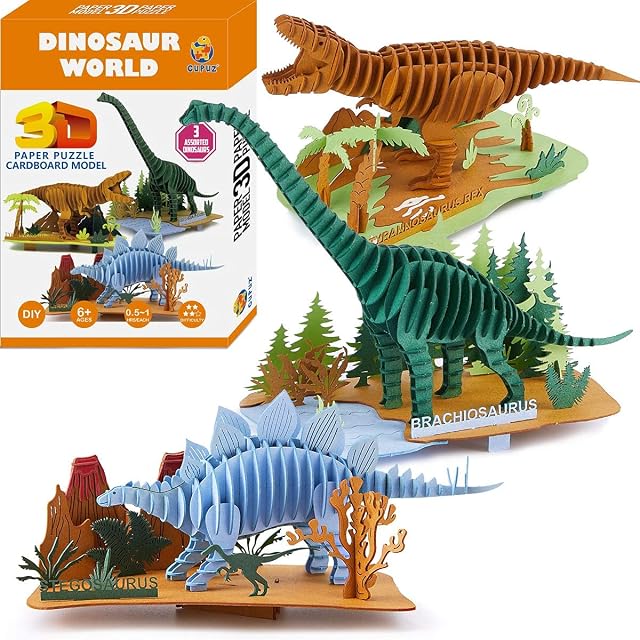 CUPUZ 3 Pack 3D Jigsaw Puzzle Dinosaur Toys for Adults and Kids-DIY Papercraft Model Kits-Educational Toys&Games-Rex-Stegosaurus-Brachiosaurus-Children Gifts