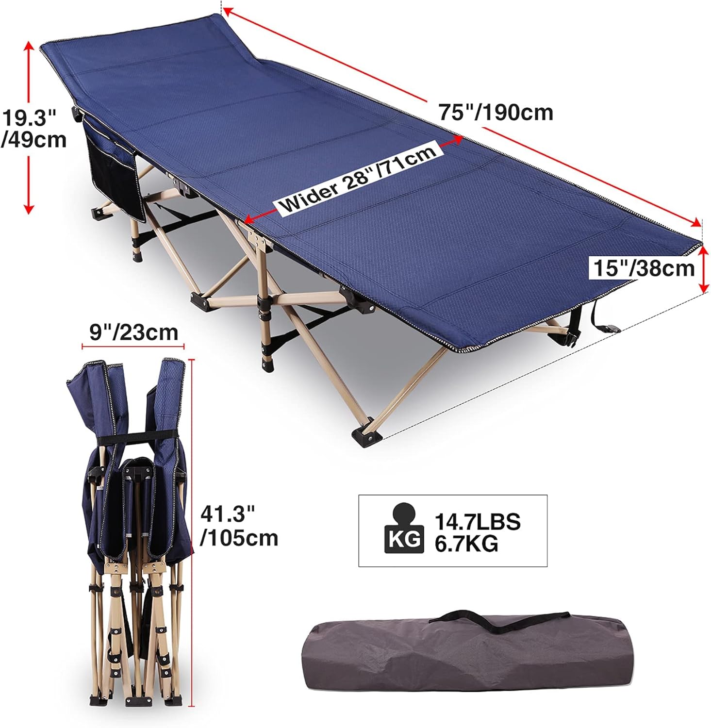 REDCAMP Folding Camping Cots with Thicker Cot Pads for Adults Heavy Duty, 28" Extra Wide Sturdy Portable Sleeping Cot for Camp Office Use