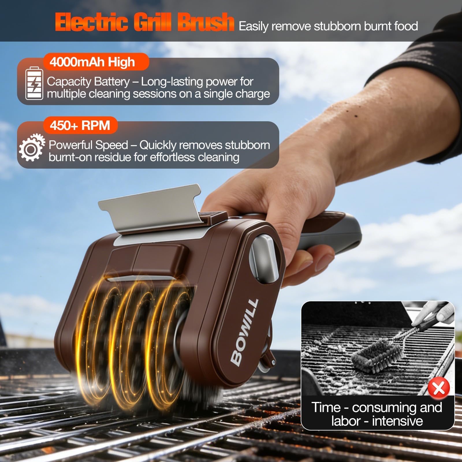 Brosse Électrique pour Barbecue sans Fil, 4000mAh, 450 TR/Min, Autonomie 3-4 Heures, Brosse Nettoyage Électrique, Brosse Barbecue en Acier Inoxydable, pour Grille Barbecue, Cast Iron, Plancha
