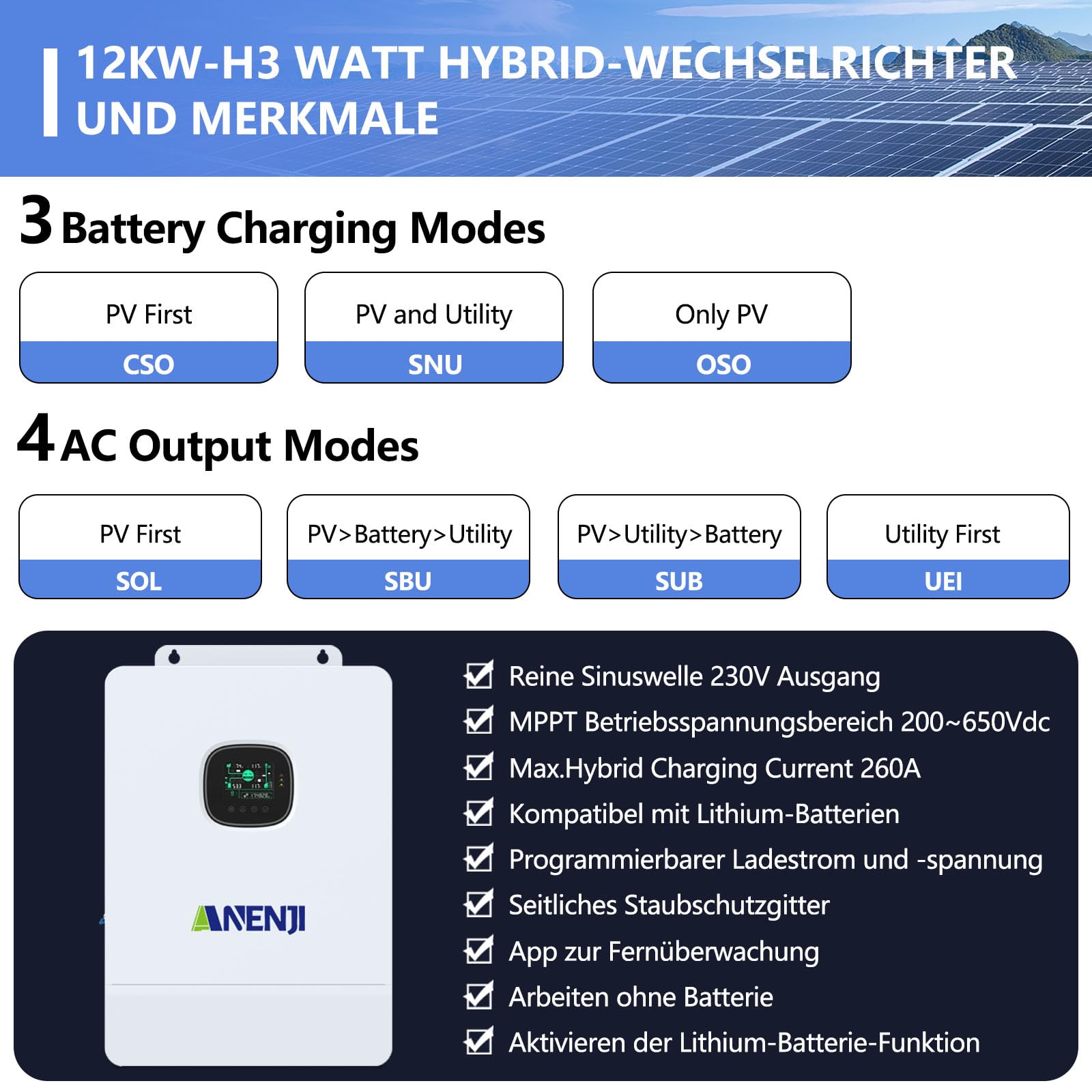 Inverter ibrido da 12 KW All-in-One singolo fase e tre fasi 48 V DC a 230/400 V AC inverter solare integrato 260 A, regolatore di carica MPPT, per acido piombo, batteria al litio o batterie