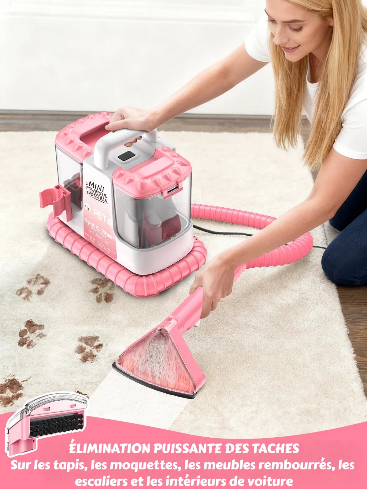 Nettoyeur canapé tissu, 18Kpa Shampouineuse Canapé 600W, Aspirateur Nettoyeur avec 500ml de Solution & 5 Accessoires, pour Tapis, Escaliers, Voiture, Design Léger, Rose