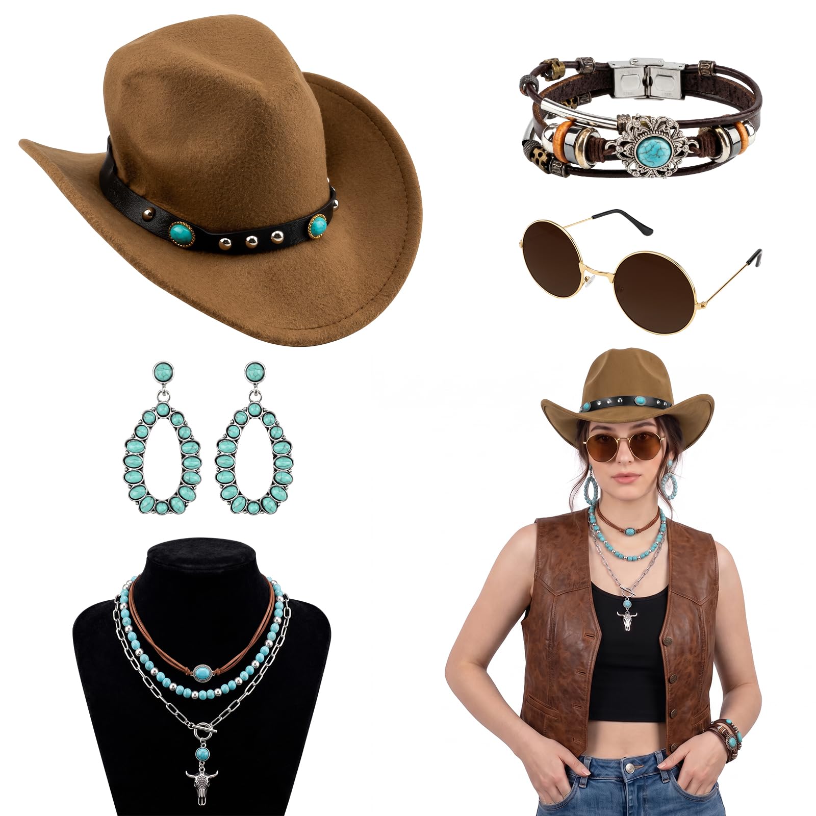 5 PCS Cowgirl Accessories for Women, Western Cowboy Hat Women for Adults