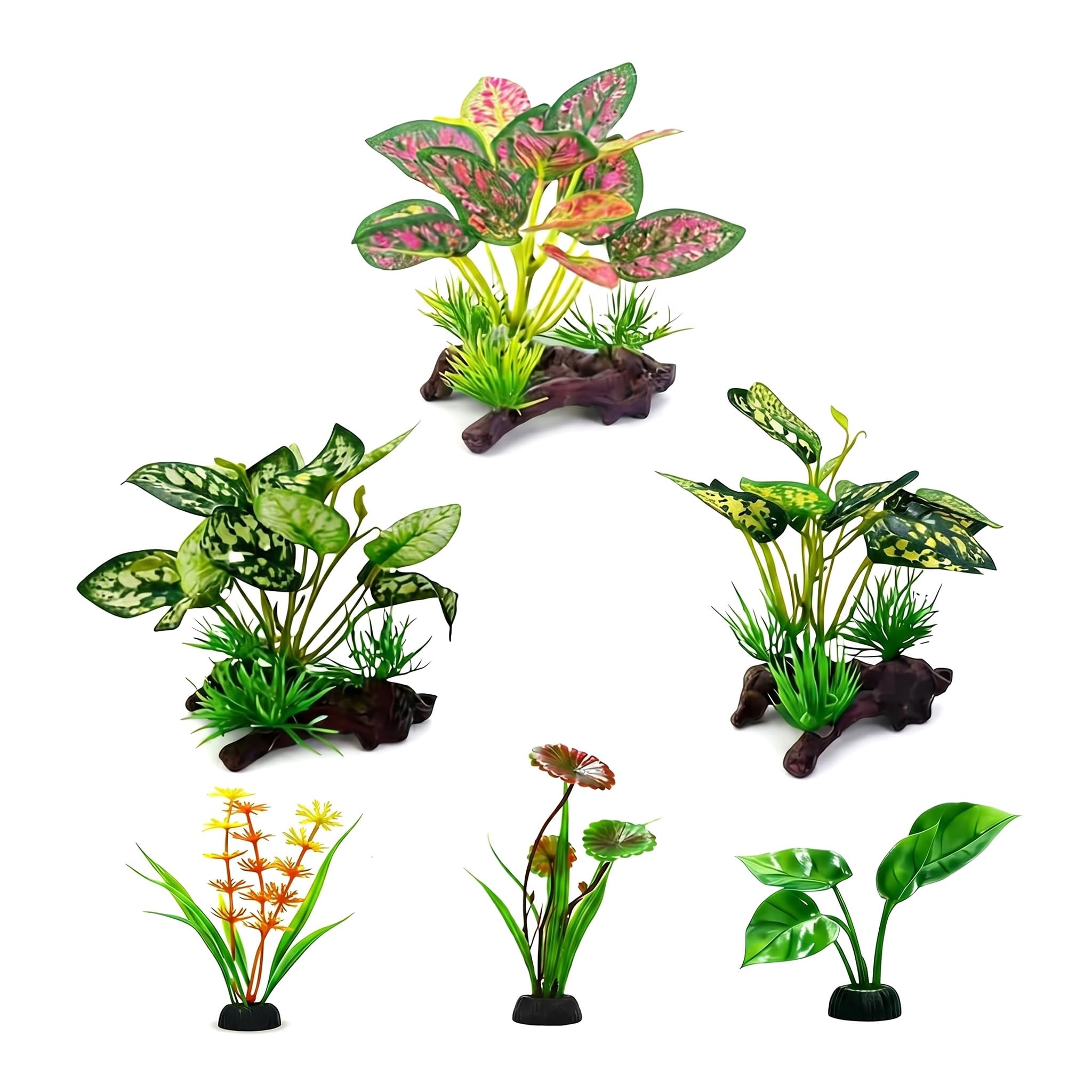 6Pcs Fish Tank Accessories, Assorted Sizes Green Plastic Artificial