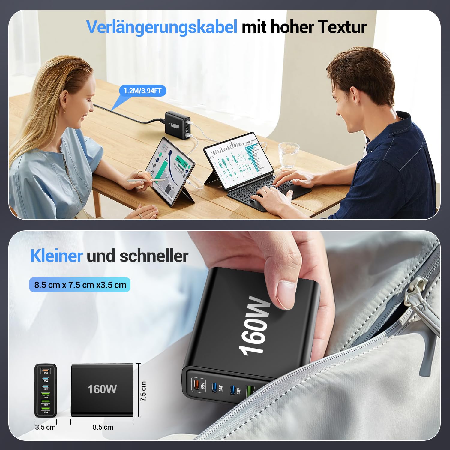 160W USB ladegerät mehrfach, 6 Ports netzteil C, USB C ladegerät, Schnellladegerät 65W, Mehrfachsteckdose mit -C und -A, Adapter für Laptop, Smartphones, ipad und Kopfhörer,Schwarz