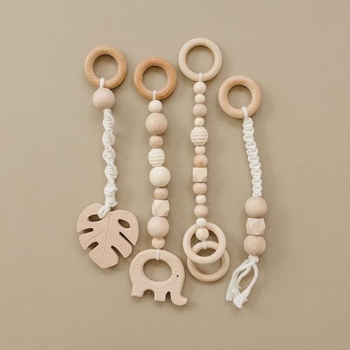 Miniatura 2 de Poppyseed Play Gimnasio de madera para bebés, marco plegable con barra para colgar, cordón de algodón atado y juguetes de madera, juego de