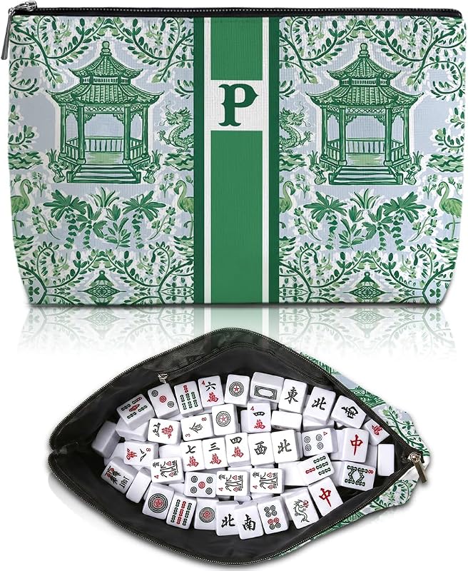Necessaire para Peças de Mahjong Blue Leaves Verde com Inicial P, Fechamento em Zíper — Somente Estojo