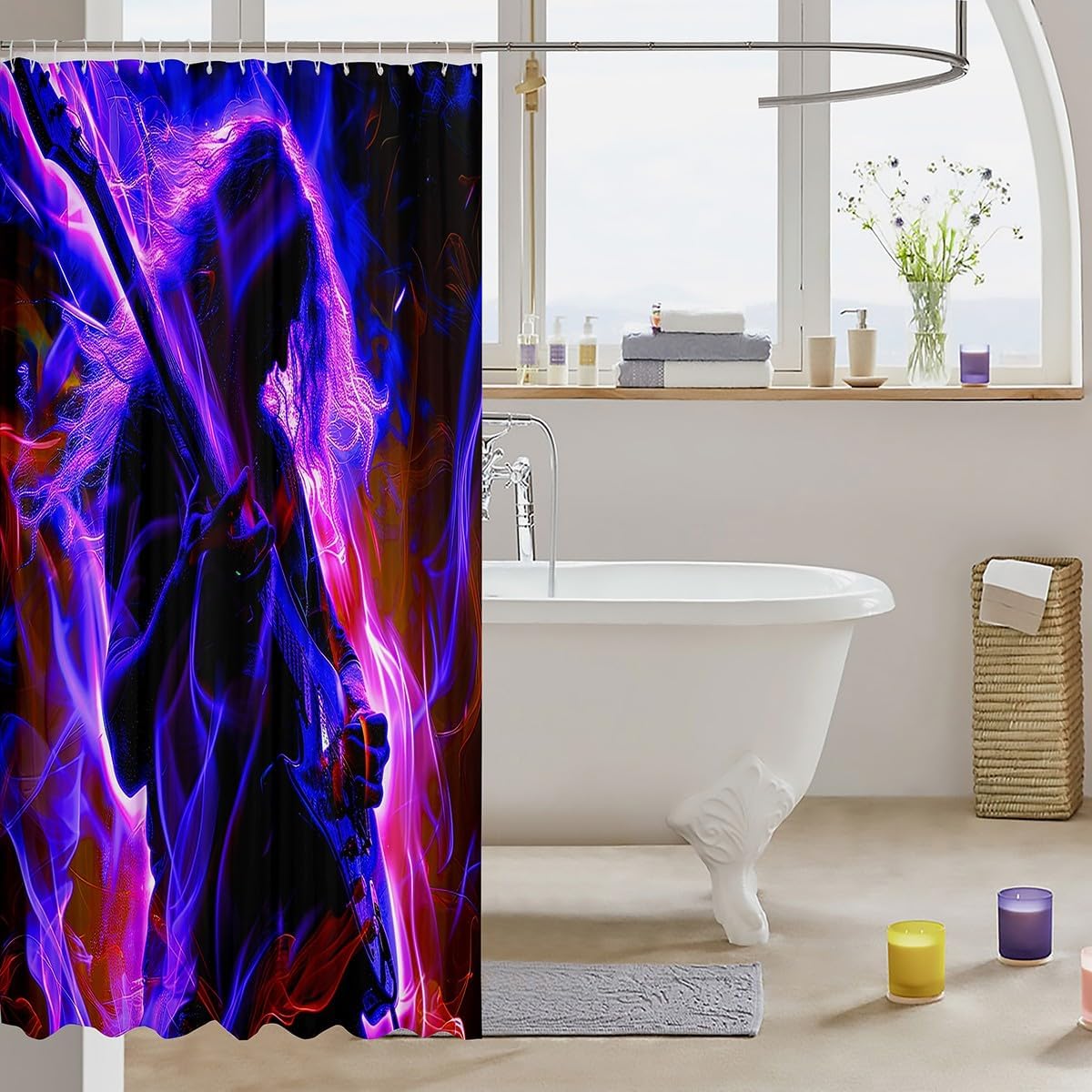 Erosebridal Rock and Roll Shower Curtain Guitar Silhouette Bathroom Shower Curtain Sets Beth Rock Music Themed Bath Curtain, Purple and Pink Fire Flame Hip Hop Hippie Fabric Shower Curtain 72" Wx72 L image 3