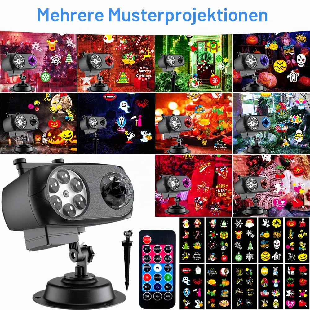 OBEST LED Projektor Weihnachten, 2-in-1 Außen&Innen Wasserdichte Halloween Projektor, Schneeflocken Projektionslampe mit 10 Folien 80 Muster 10 Welleneffekt für Weihnacht Allerheiligen Party Fest