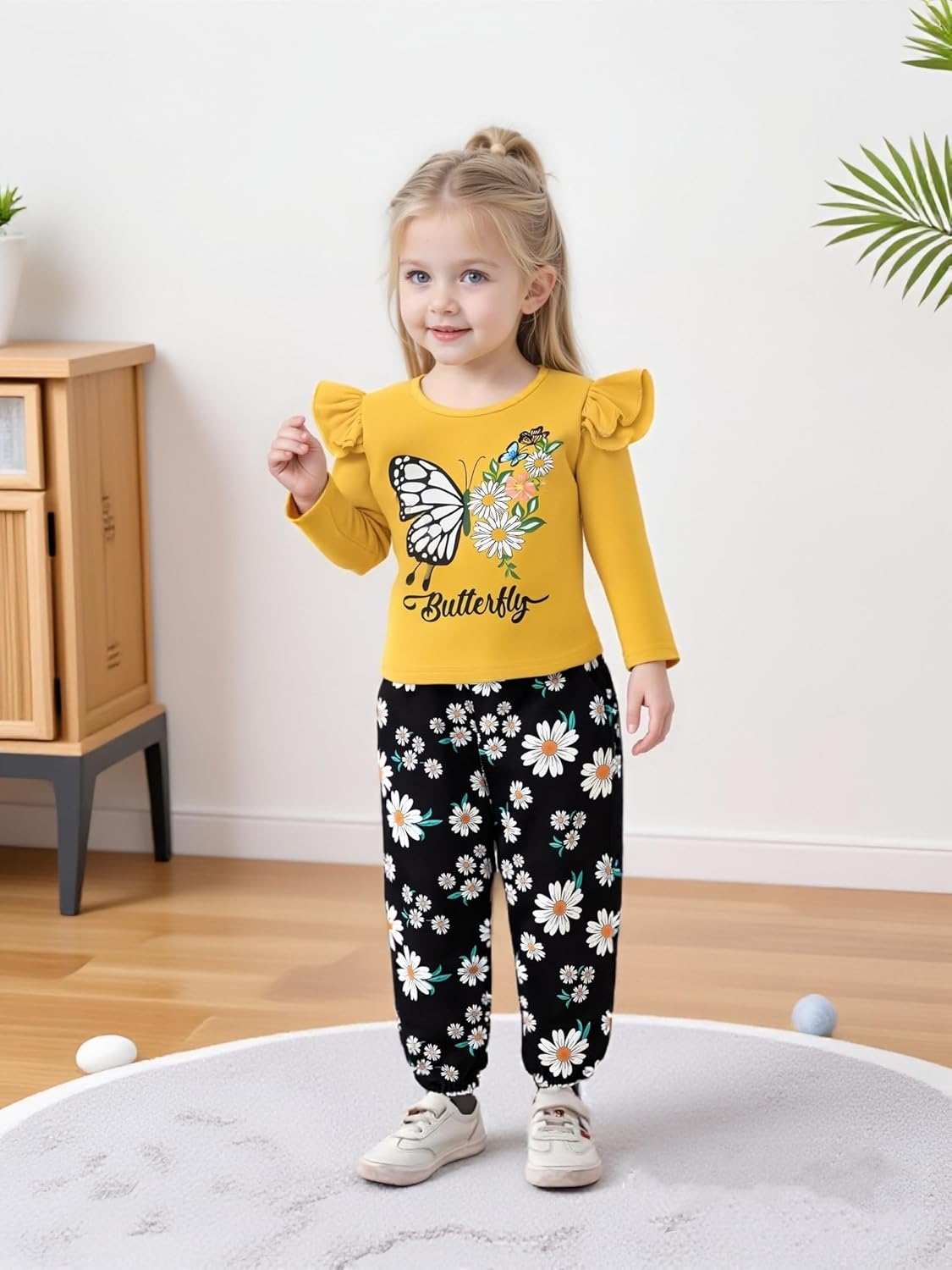 Coco&RARA Toddler Girl Clothes Long Sleeves Ruffle Print Top+Floral Pants+Headband 3Pcs Fall/Winter Outfits Set 18M-6T - Image 2