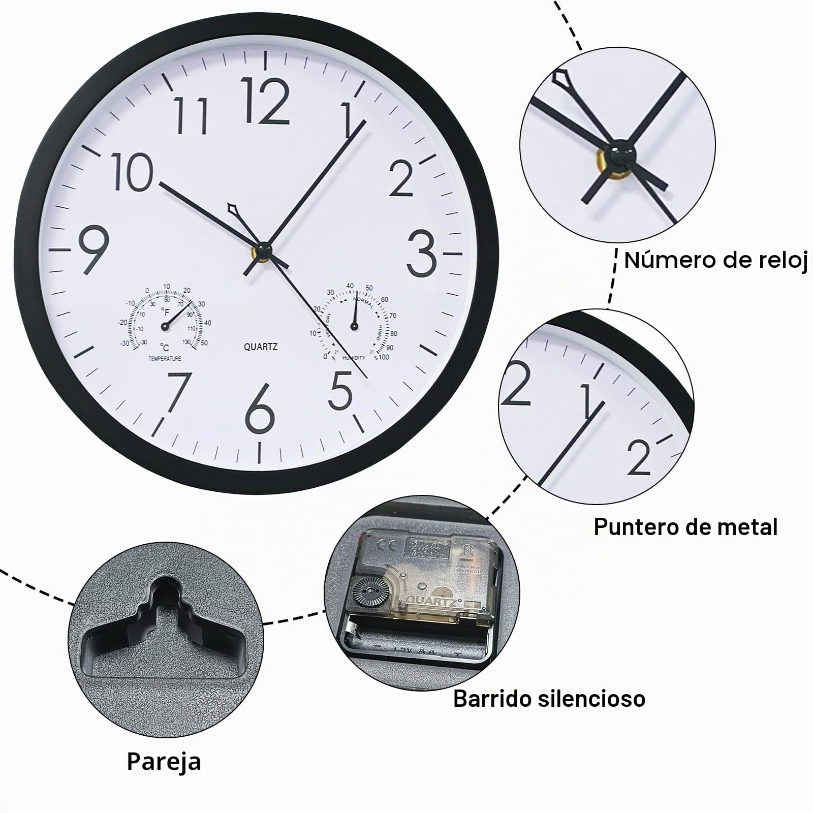 Chedin Reloj de pared redondo de cuarzo de 30 cm, sin tictac, con termómetro e higrómetro, reloj de pared para niños, dormitorio (1, negro, 12 pulgadas)
