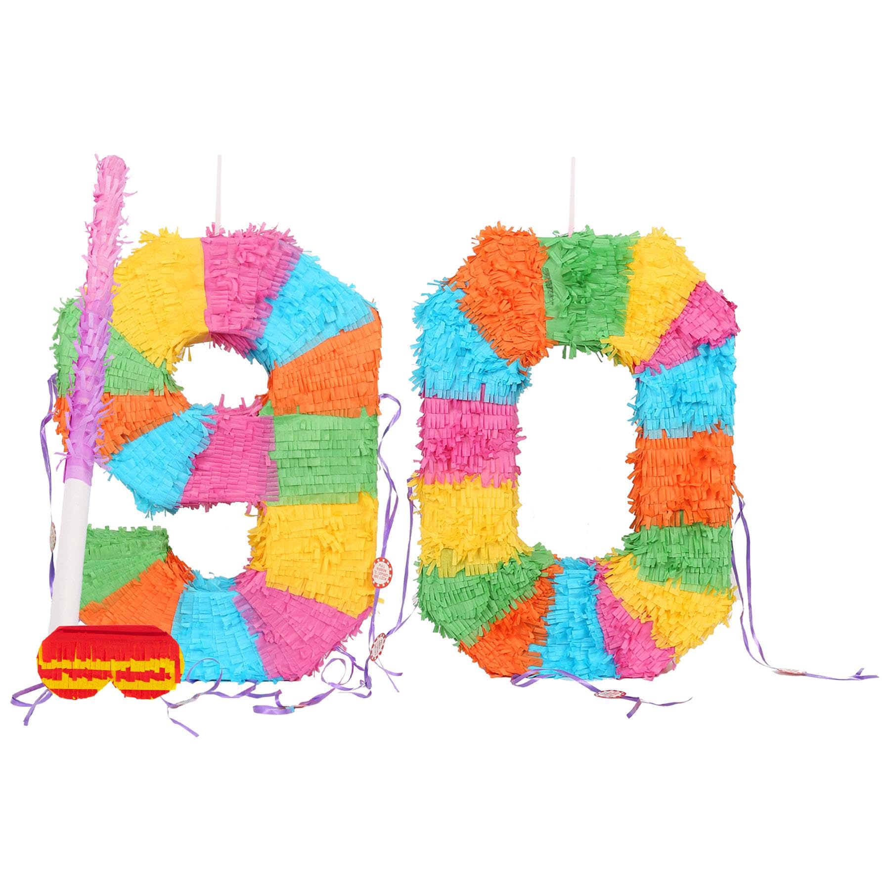 90th Birthday Pinata Set with Stick & Blindfold - Pink Stick - Mexican Kids Girls Boys Birthday Large Party Parties Games Decorations Kit