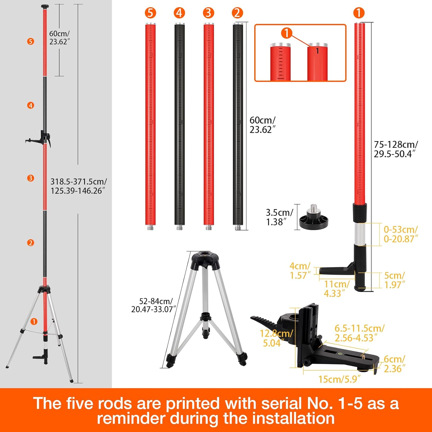 12Ft Telescoping Laser Level Pole with Tripod - Adjustable Laser Stand with Dual Thread Adapter (1/4"-20 & 5/8"-11) for Rotary and Line Lasers, Includes Carrying Case & Bubble Level(Black&Red)