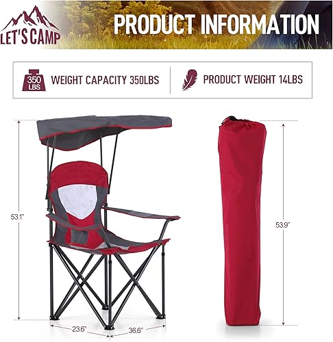 Miniatura 10 de LET'S CAMP Silla de campamento con toldo de sombra, silla de camping plegable con portavasos y bolsa de transporte para acampar al aire libre,