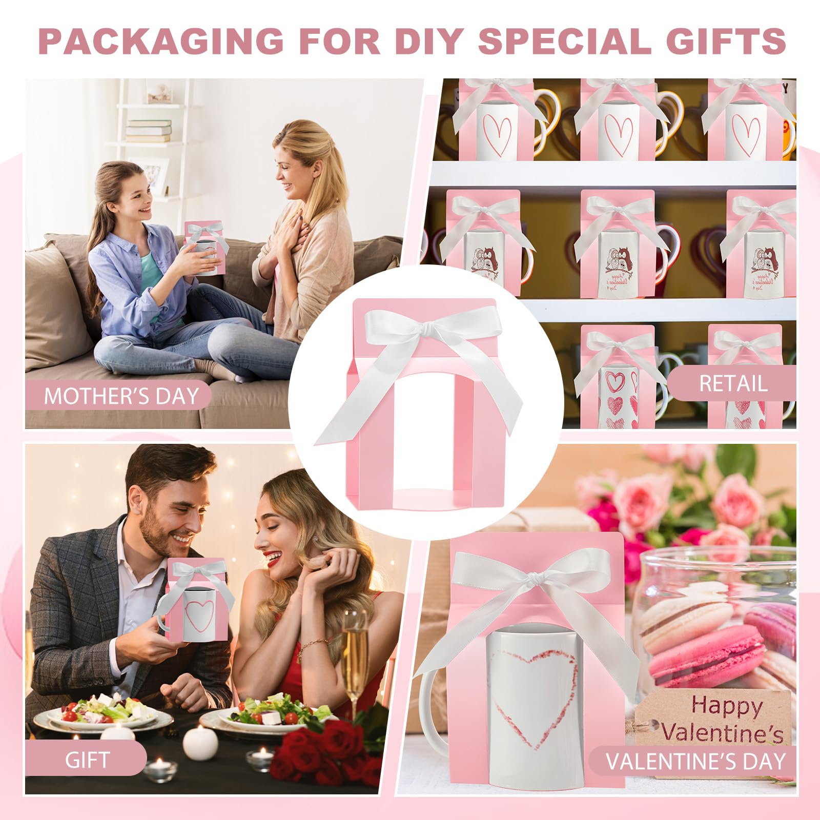 Kosiz 36 scatole per tazze a sublimazione, sacchetti regalo, con finestra, scatole per spedizioni, vendite di confezioni regalo per tazze e confezioni regalo (rosa, bianco, per tazze da 325 ml)