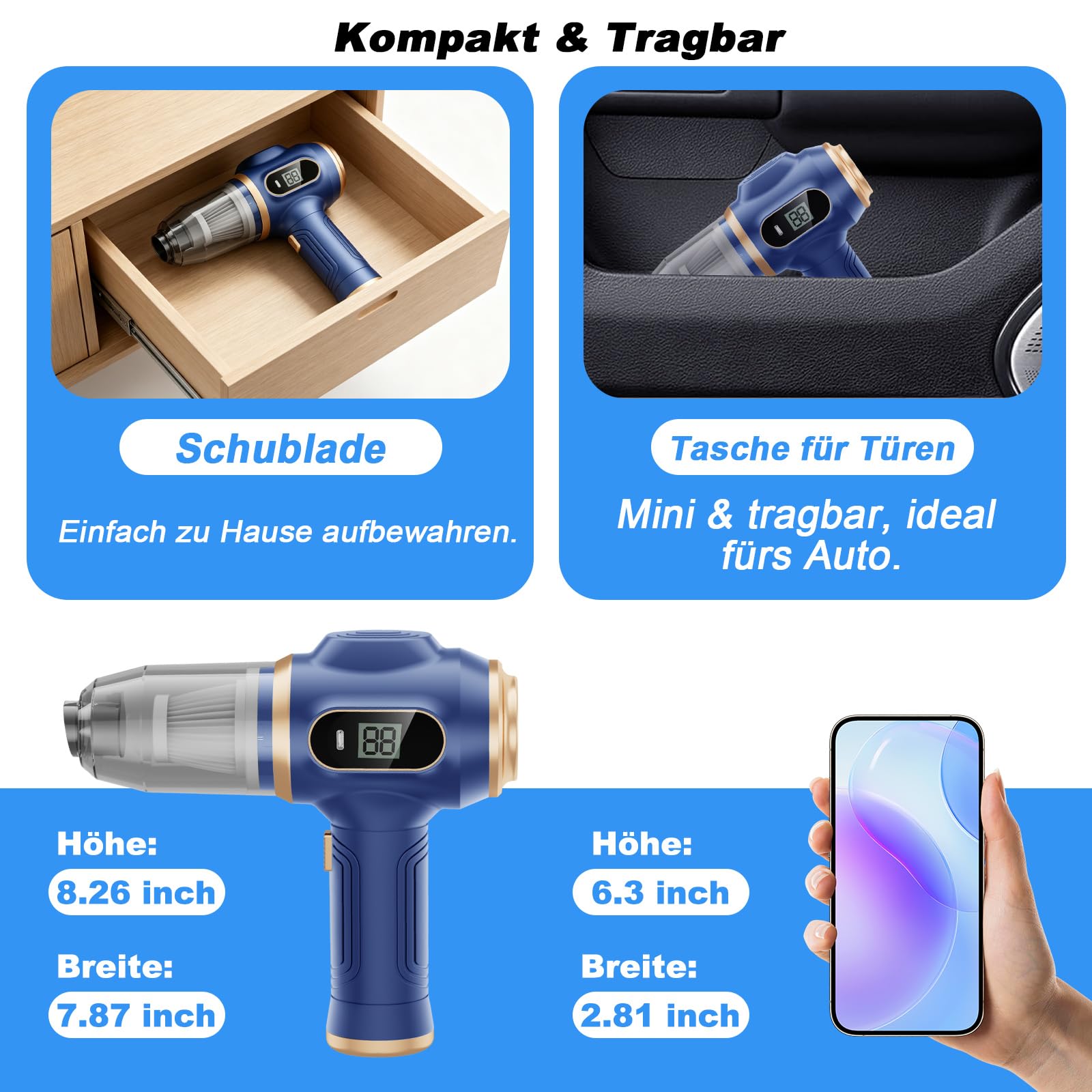 Tragbarer Auto Staubsauger Kabellos, Mini Handstaubsauger Wiederaufladbar mit LCD-Display und Mehrere Düsen, Hochleistungs-Handstaubsauger für Auto, Haus, Büro, Sofa, Tierhaare, Tastatur