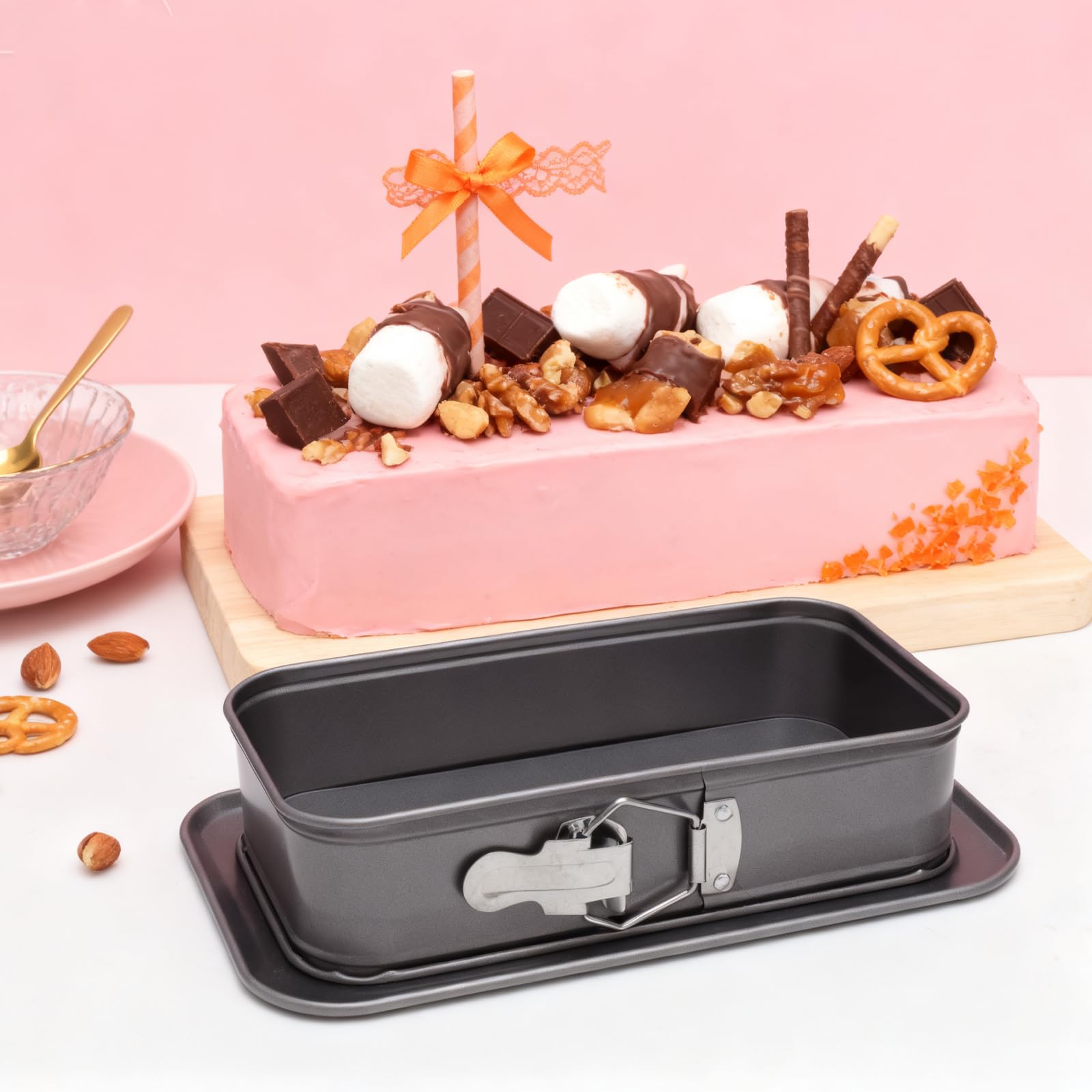 Backform Rechteckig 18x6,6cm mit Springform Eckig Set Antihaft Kuchenform mit Servierboden & 3 Silikon Teigschaber Rechteckige Backform für Blechkuchen & Käsekuchen Zuhause und als Geschenkset