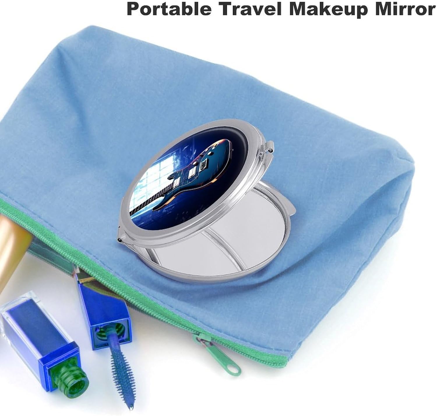 Travel Blue Guitar Makeup Mirror Compact Pocket Vanity Mirror Double-Sided 2X /1x Magnifying Round Folding Handheld Cosmetic Beauty Mirrors for Purse Handbag image 3